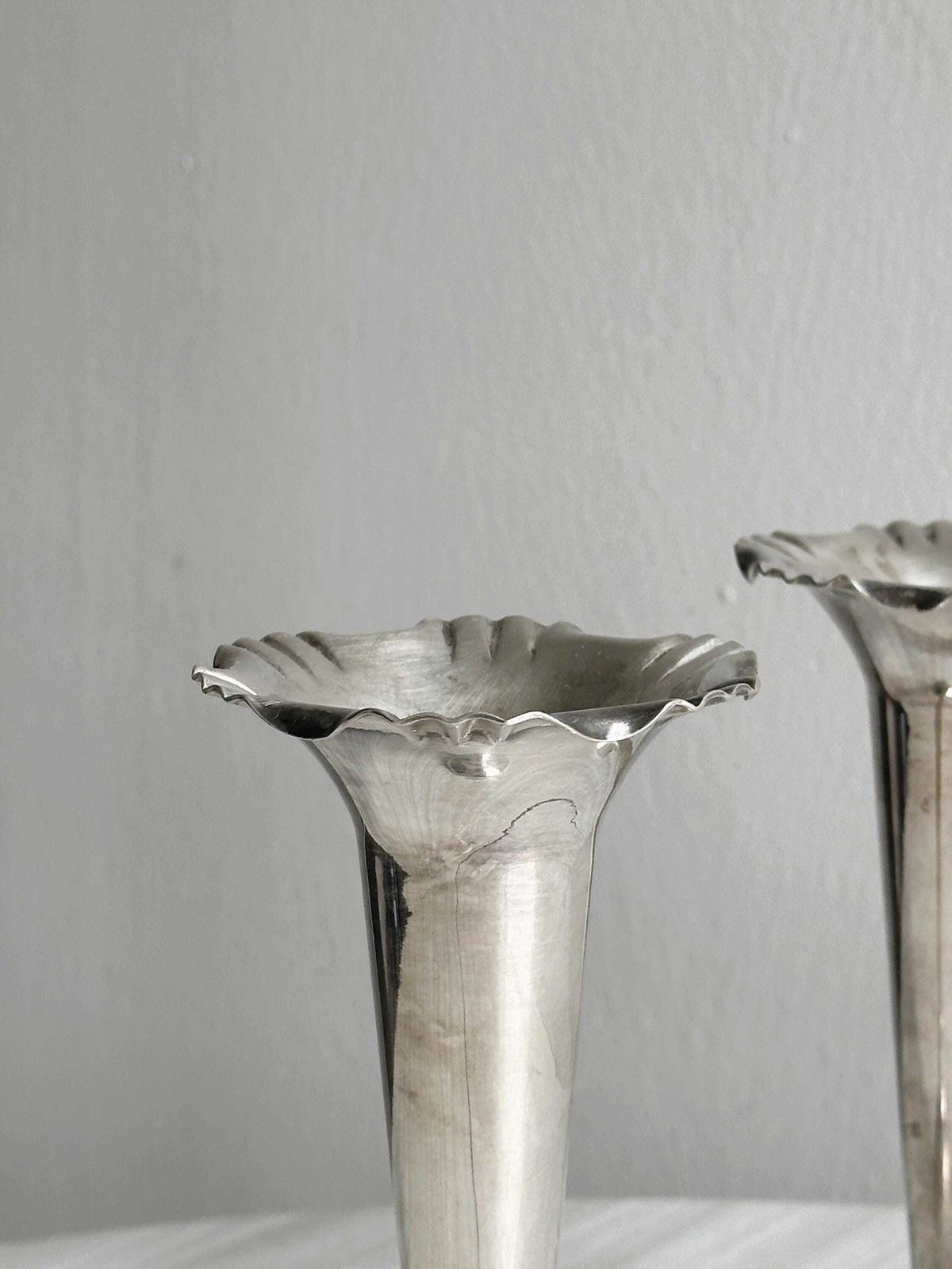 Duo Of Shiny Silver Metal Vases, Chic Tableware For Weddings, Refined Buffet Or Elegant Centerpiece photo for sale