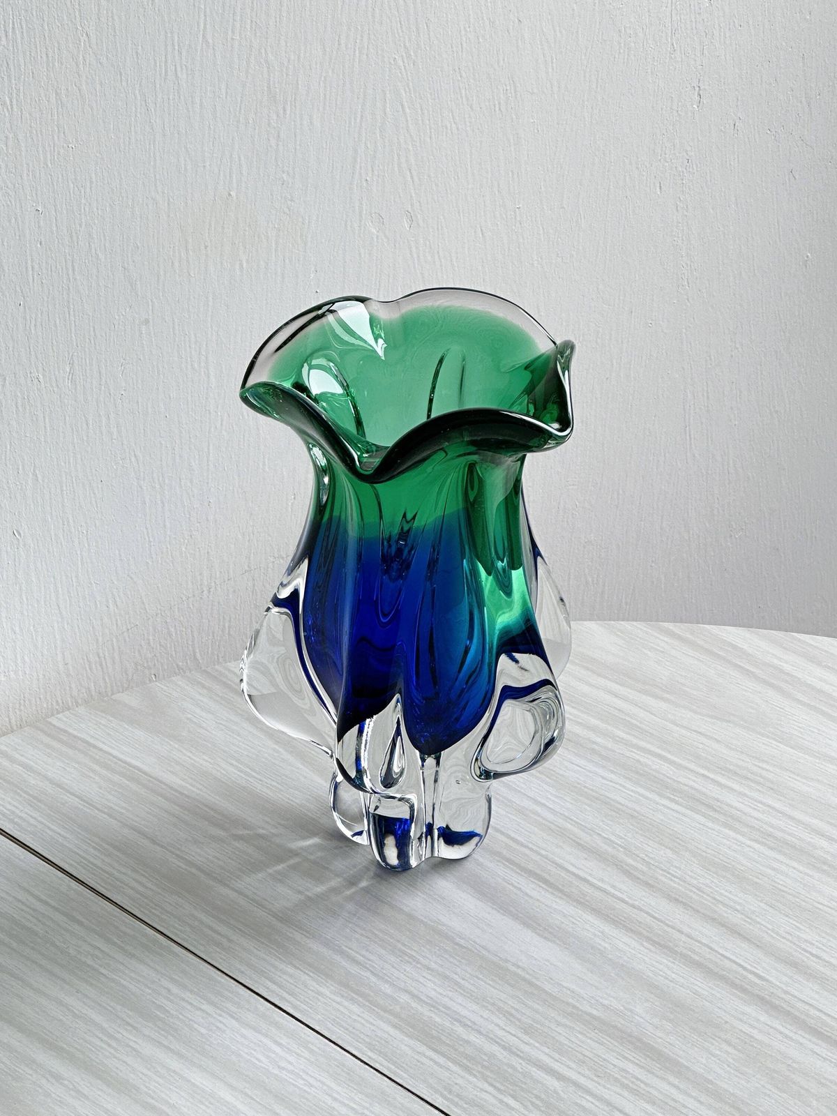Murano Style Blue And Green Blown Glass Vase, Thick Glass Art Decorative Piece, Retro Futuristic, Unique Piece, Minimalist Interior photo furniture