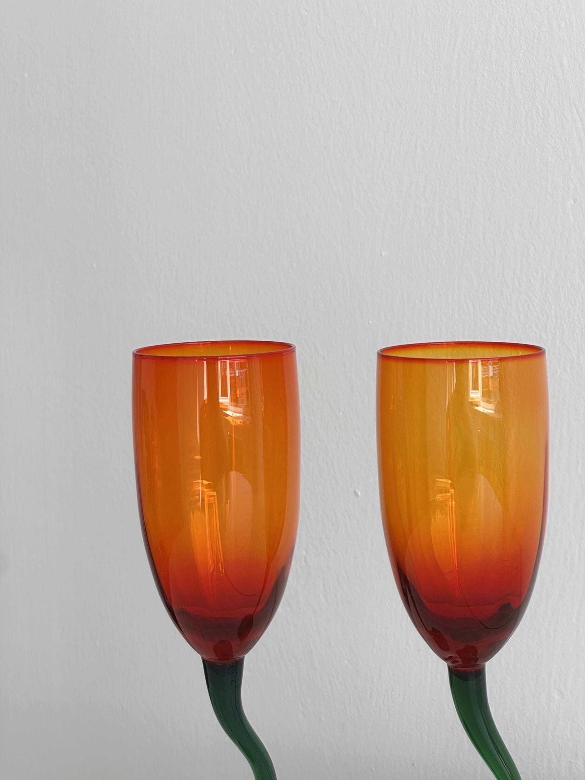 Pair Of Hand Blown Orange Glasses, Green Twisted Stem, Tulip Shaped Designer Glasses For Aperitif Or Table Decoration, Gift photo for sale