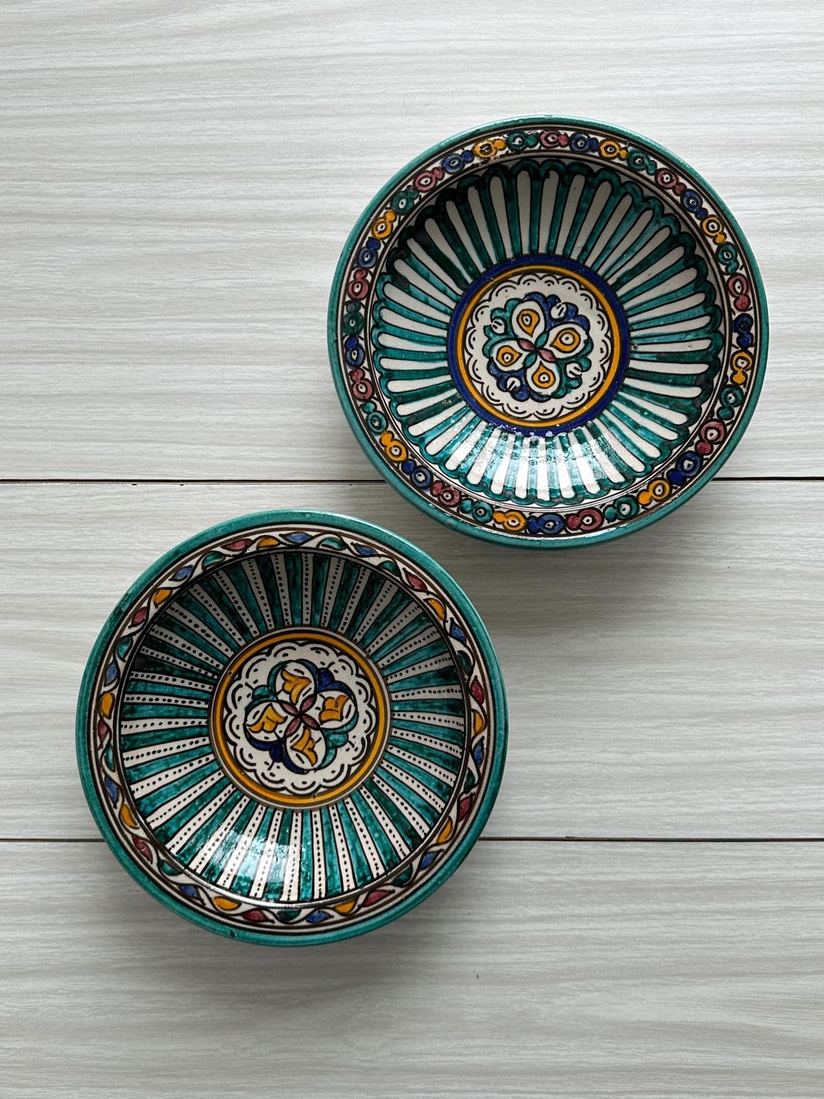 2 Antique Handmade Ceramic Dishes, Hand Painted, Wall Plate, Boho Decor, Colorful Earthenware, Ethnic Style, Gift photo for sale
