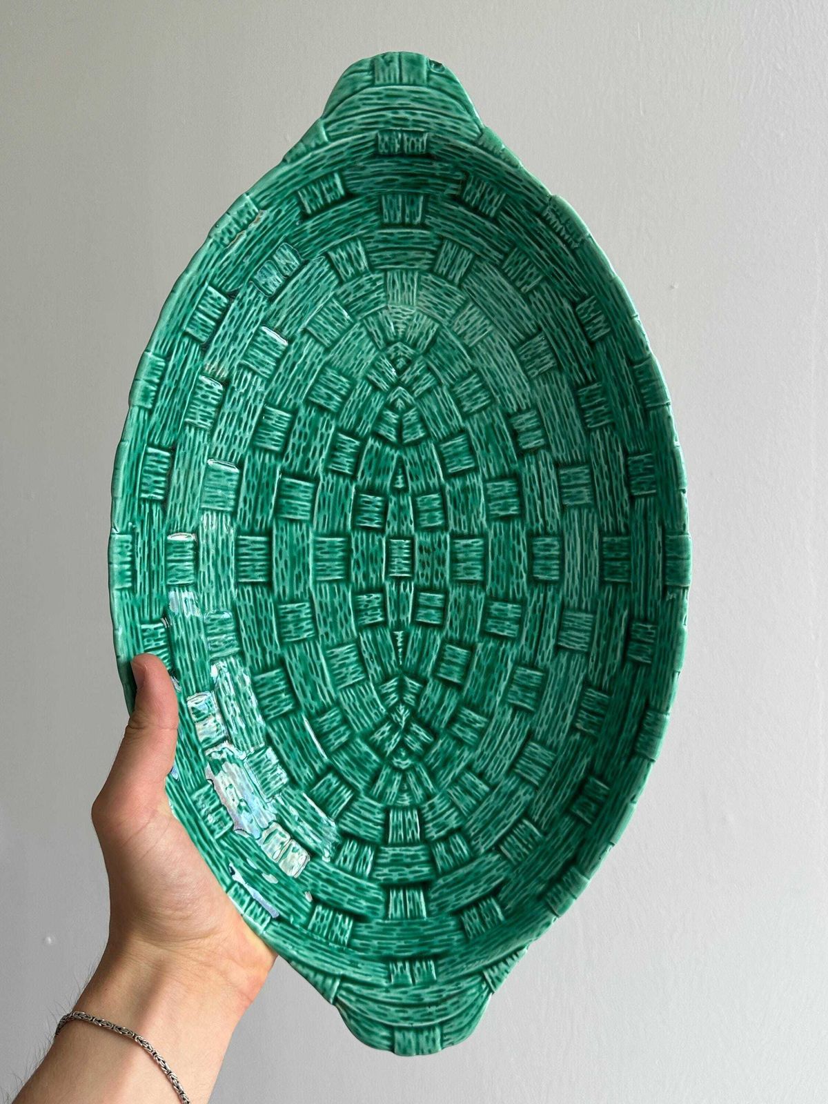 Old Digoin Dish In Green Ceramic, Braided Barbotine Pattern, Perfect Rare Condition, Fruit Basket, Salad Bowl Or Vintage Buffet Dish photo buy