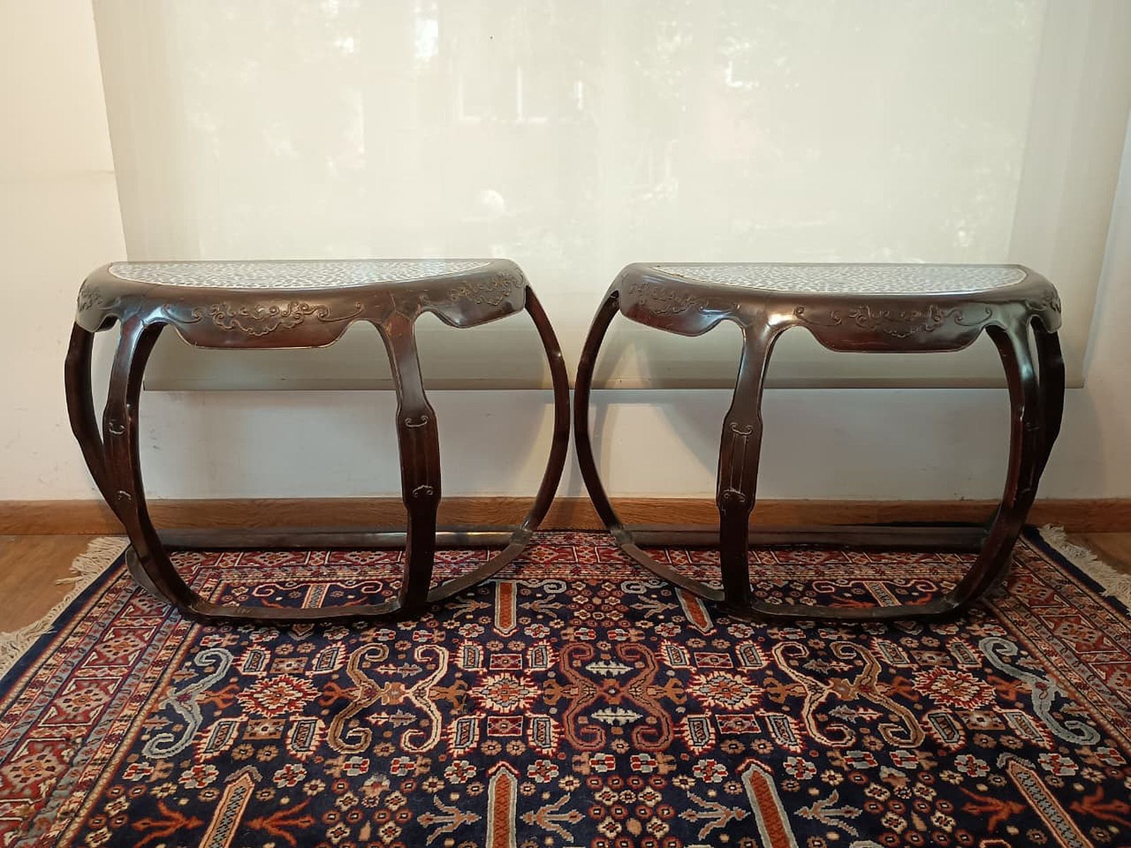 8500.0 Pair Of Late 19th Century Qing Wooden Circular Demilune Center Tables With Porcelain Inlaid On The Surface, China photo