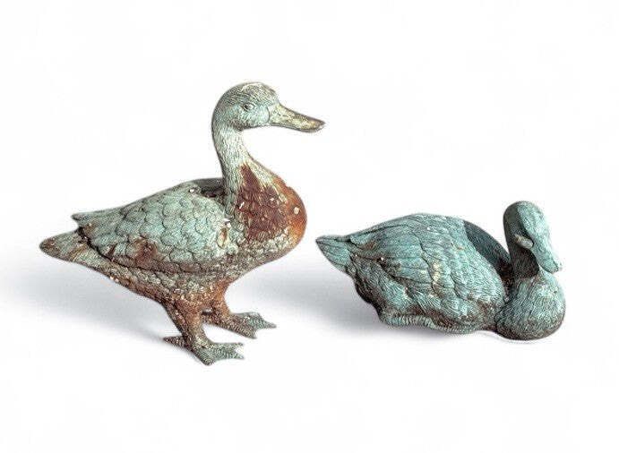 Pair Of Metal Garden Ducks With Aged Verdigris