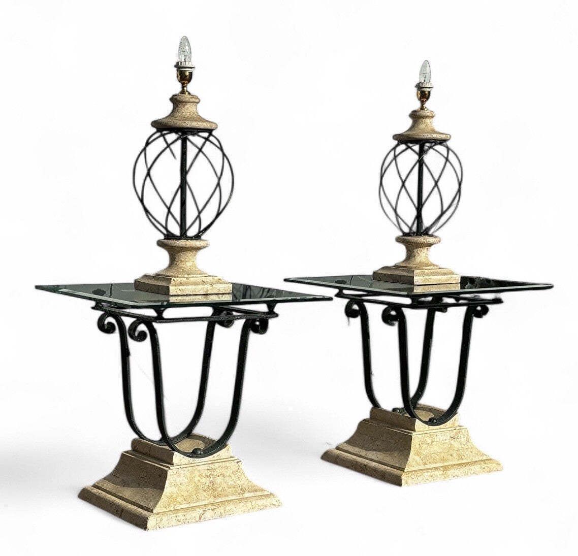 Mid Century Cast Iron & Faux Stone Glass Top Lamp Table With Matching Lamps.