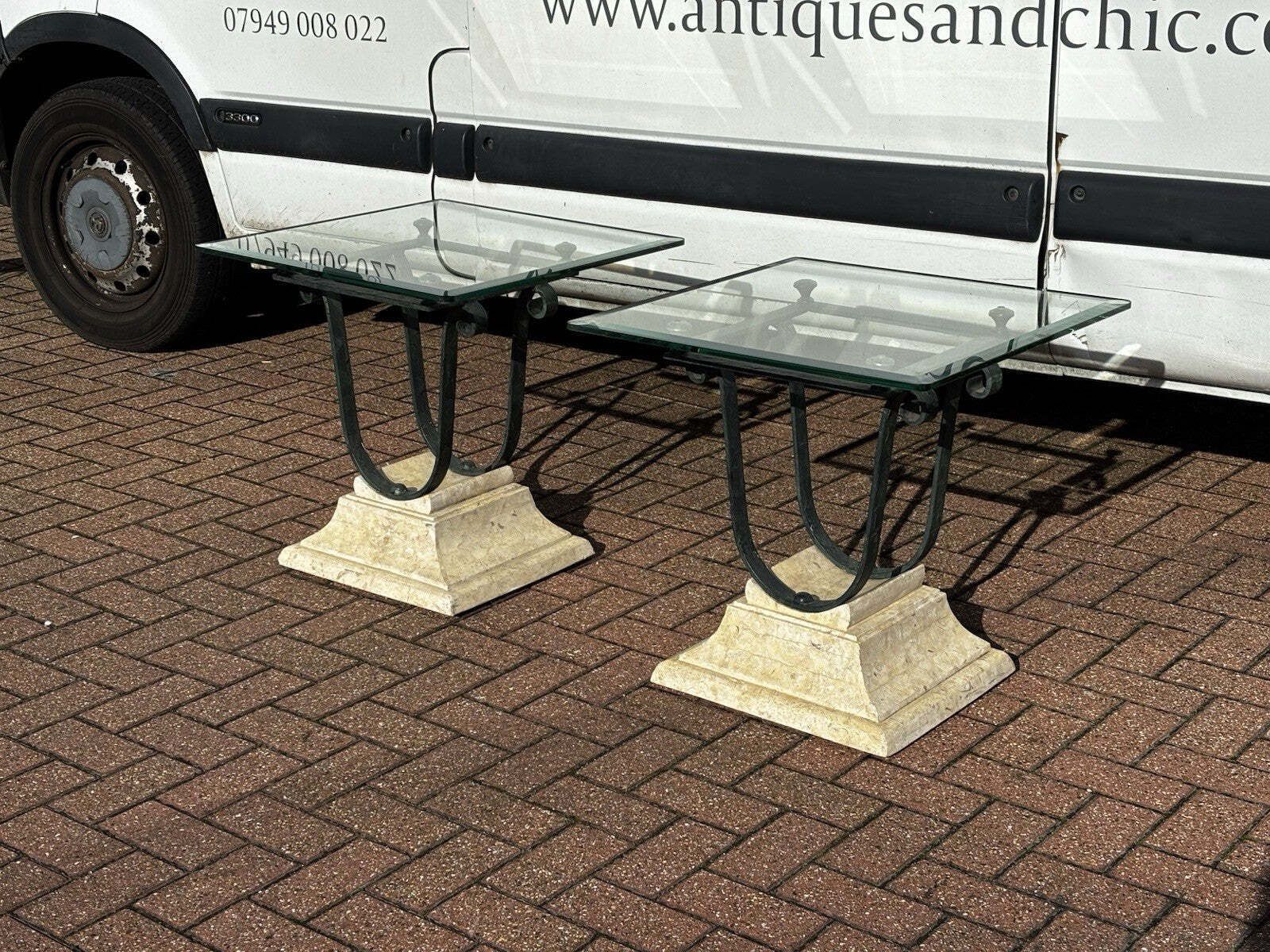 Mid Century Cast Iron & Faux Stone Glass Top Lamp Table With Matching Lamps. photo for sale