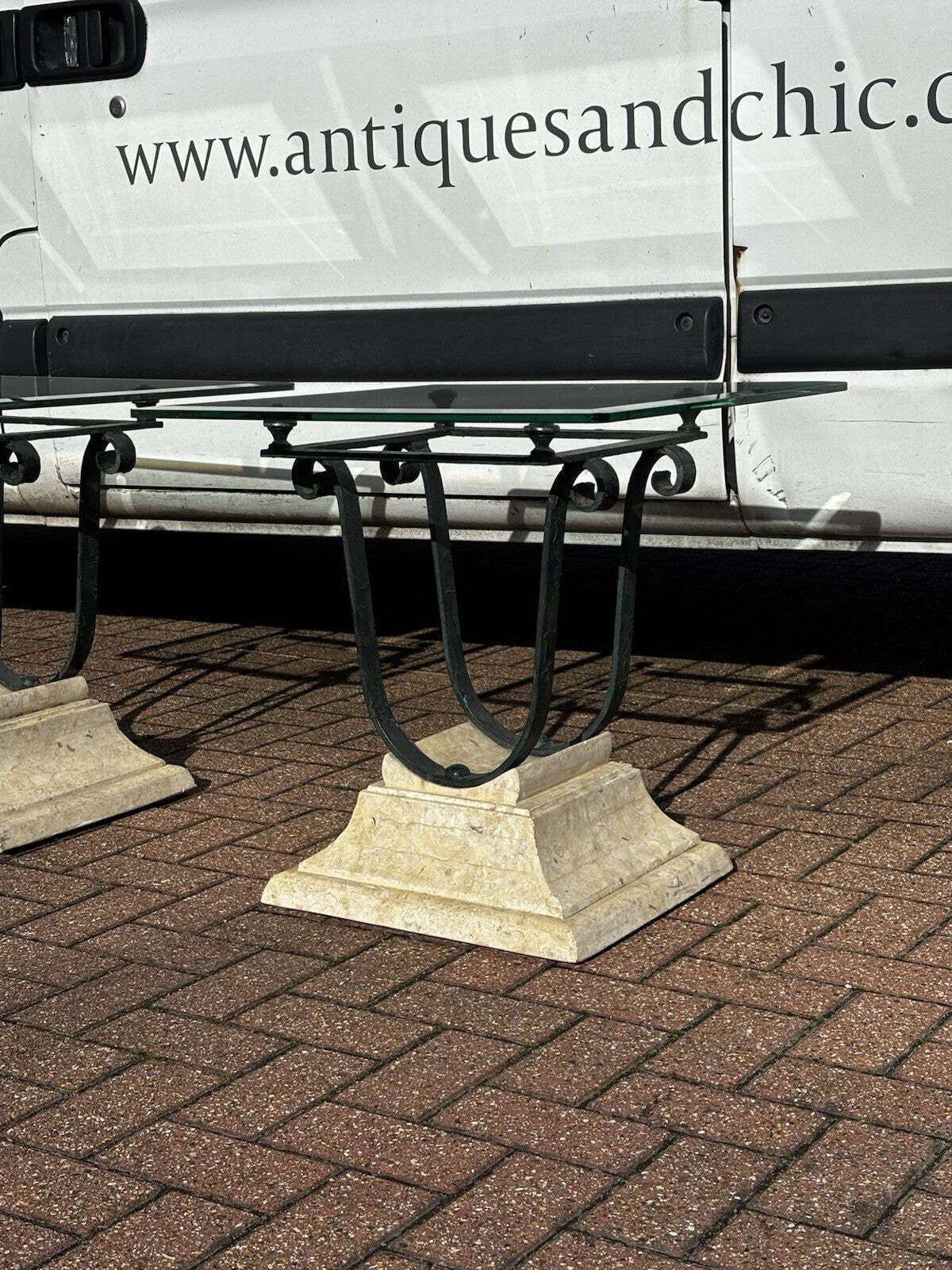 Mid Century Cast Iron & Faux Stone Glass Top Lamp Table With Matching Lamps. photo Furniture