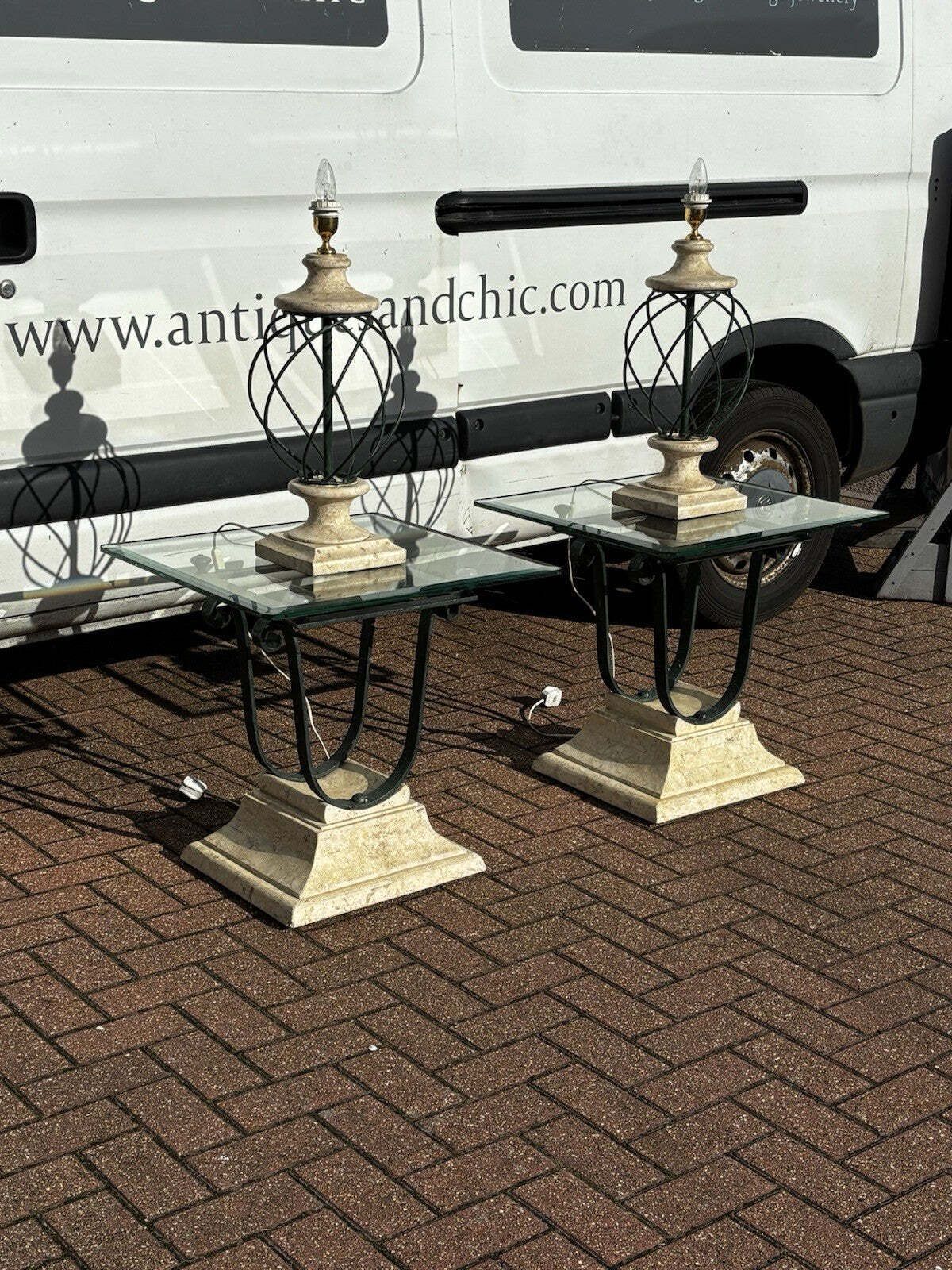 photo for sale Mid Century Cast Iron & Faux Stone Glass Top Lamp Table With Matching Lamps.