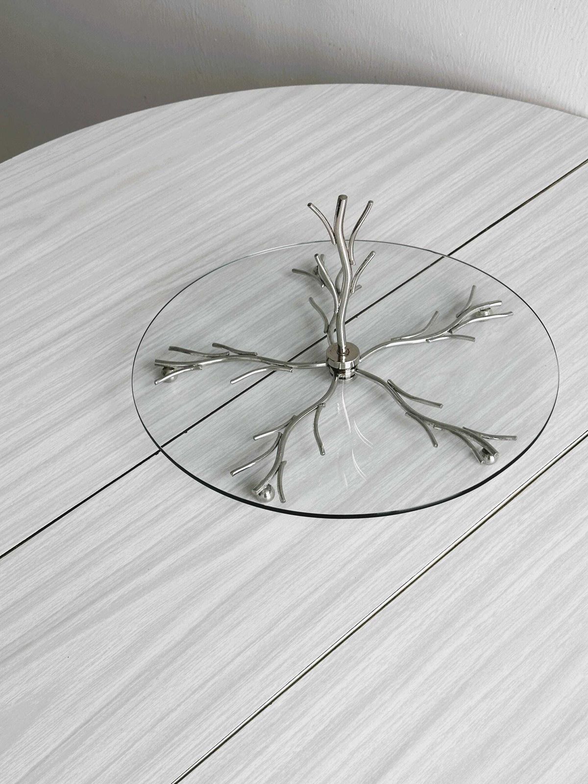 Silver Metal And Glass Cheese Board, Metal Branch Decor, Antique Table Accessory, Elegant Server, Table Decoration photo buy