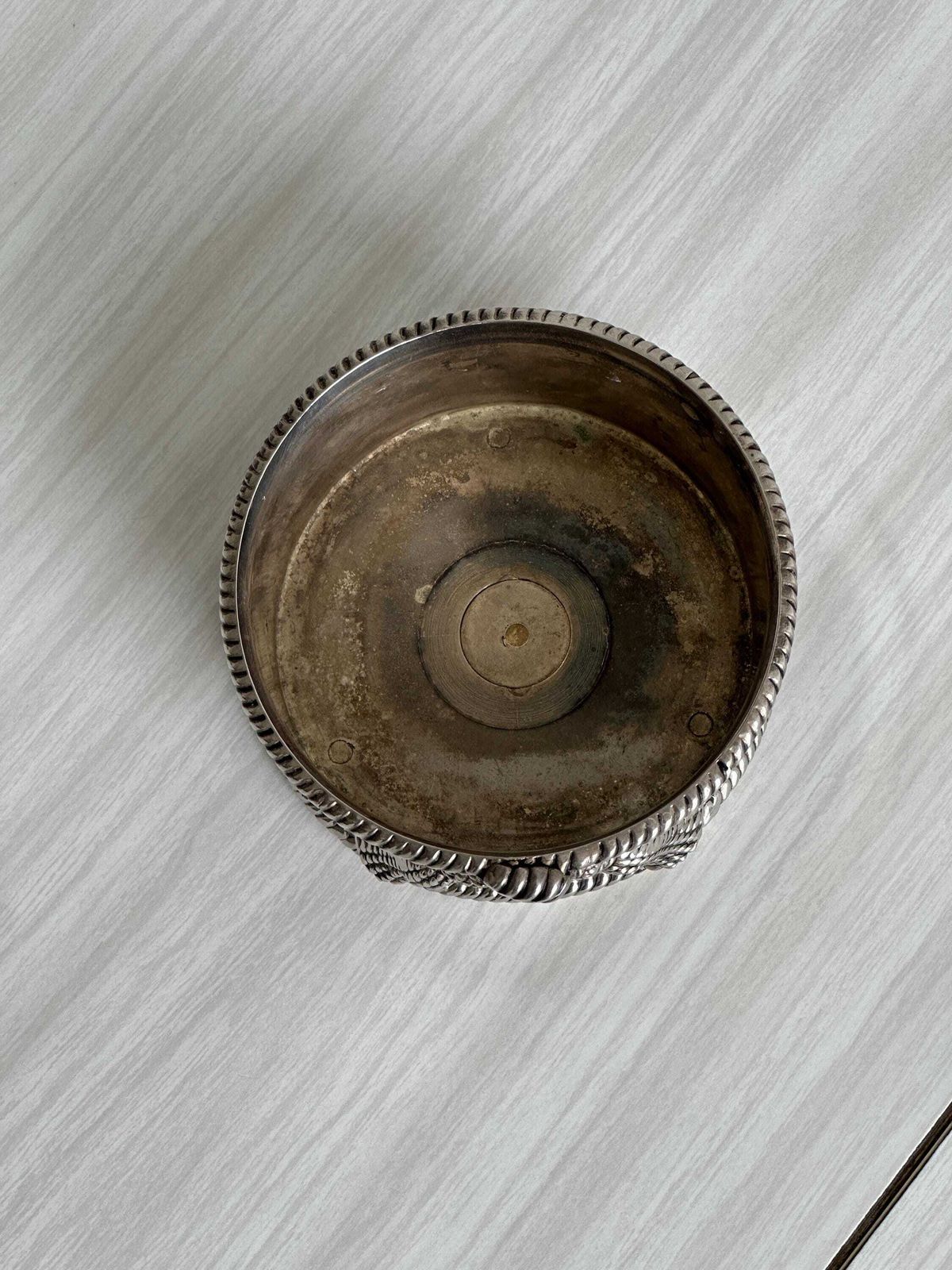 Antique Silver Metal Bottle Holder, Chic Decor With Sculpted Knot, Refined Tableware, Elegant Vintage Object, Stylish Gift photo for sale