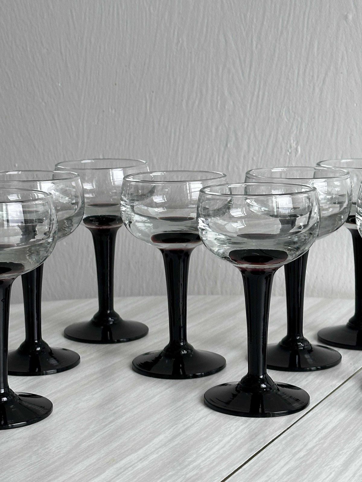 Set Of 10 Vintage Liqueur Glasses, Black Foot, Transparent Thick Glass, Chic Table Decoration, Elegant Retro Style, Digestive Glasses photo furniture