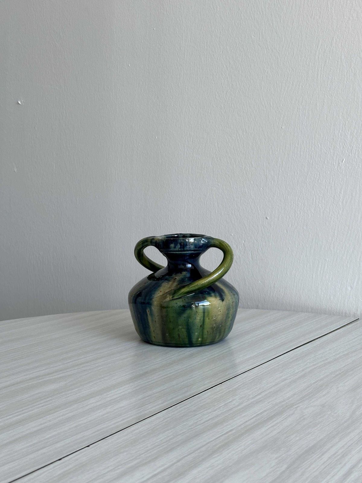 Vase en céramique fait main à deux anses, tons bleu et vert, style Boho rustique, poterie artisanale, cadeau