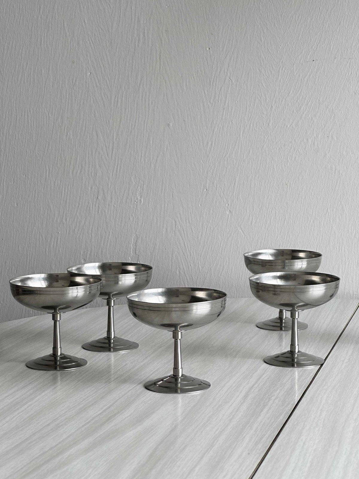 6 bols sur pied en inox Mat Letang Remy Style, fabrication française, art de la table en métal, service à dessert, idée cadeau. photo vintage