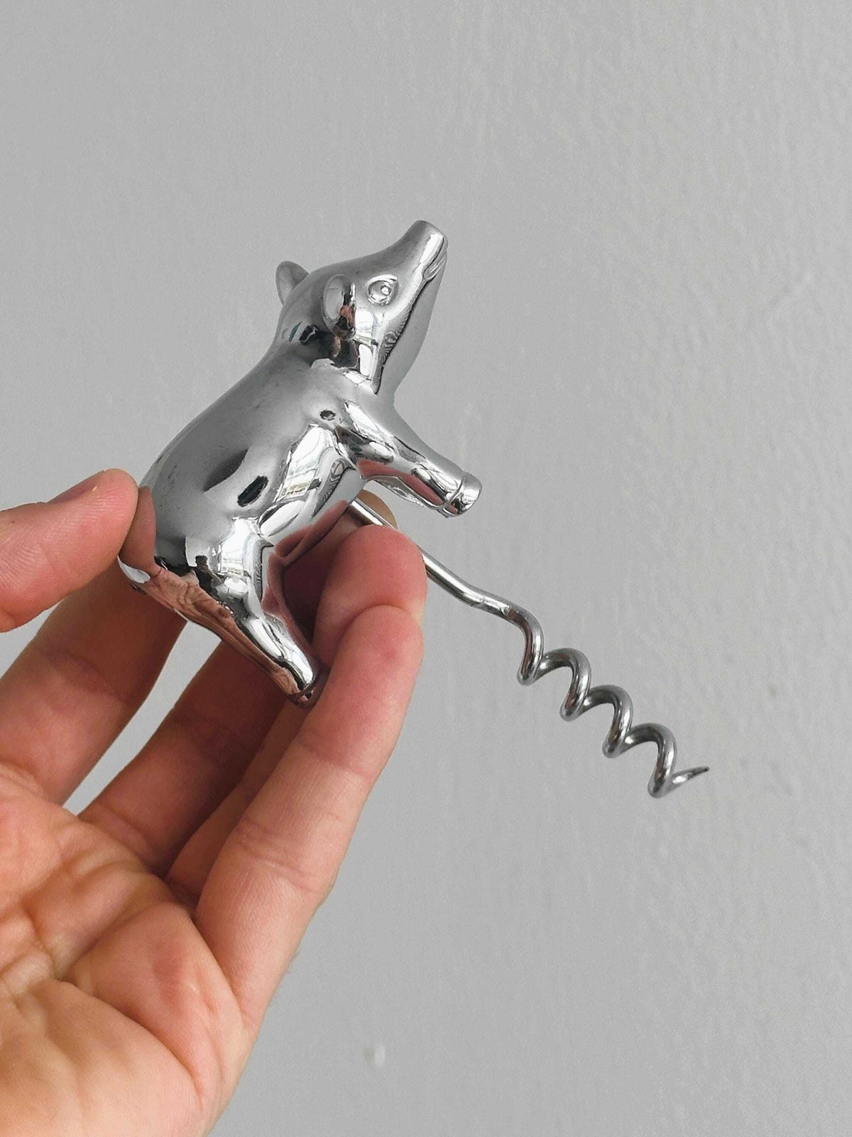 Chrome Plated Metal Pig Shaped Corkscrew, Stainless Steel Corkscrew, Kitchen Decoration, Unusual Gift, Pig Collection, French Wine photo for sale