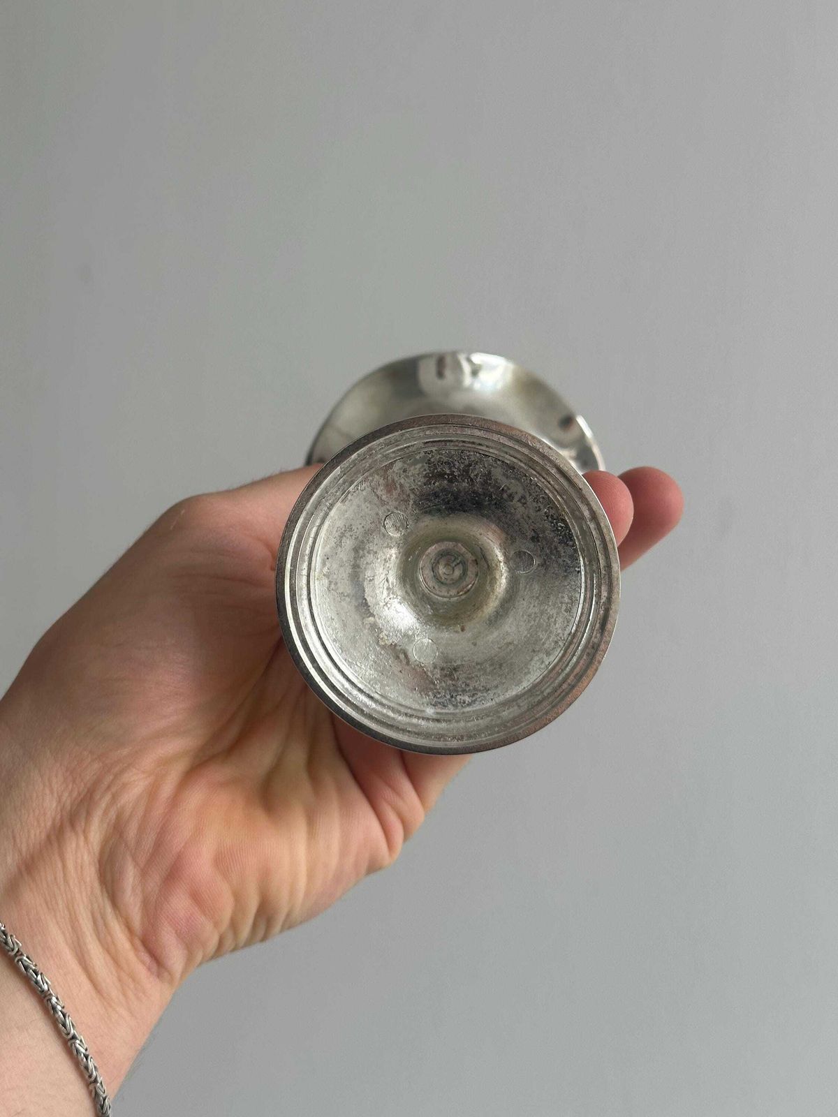 Single Flower Vase In Shiny Silver Metal, Chic Antique Patina, Unique Object For Refined Decoration photo buy