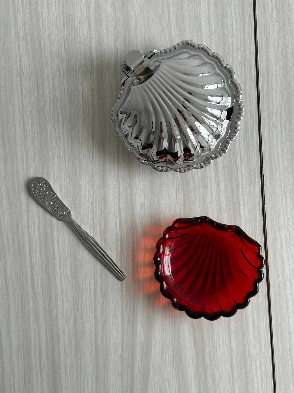photo for sale Metal Butter Dish With Lid And Matching Spoon, Caviar Pot, Shell Design, Shiny Metal, Chrome Metal Tableware