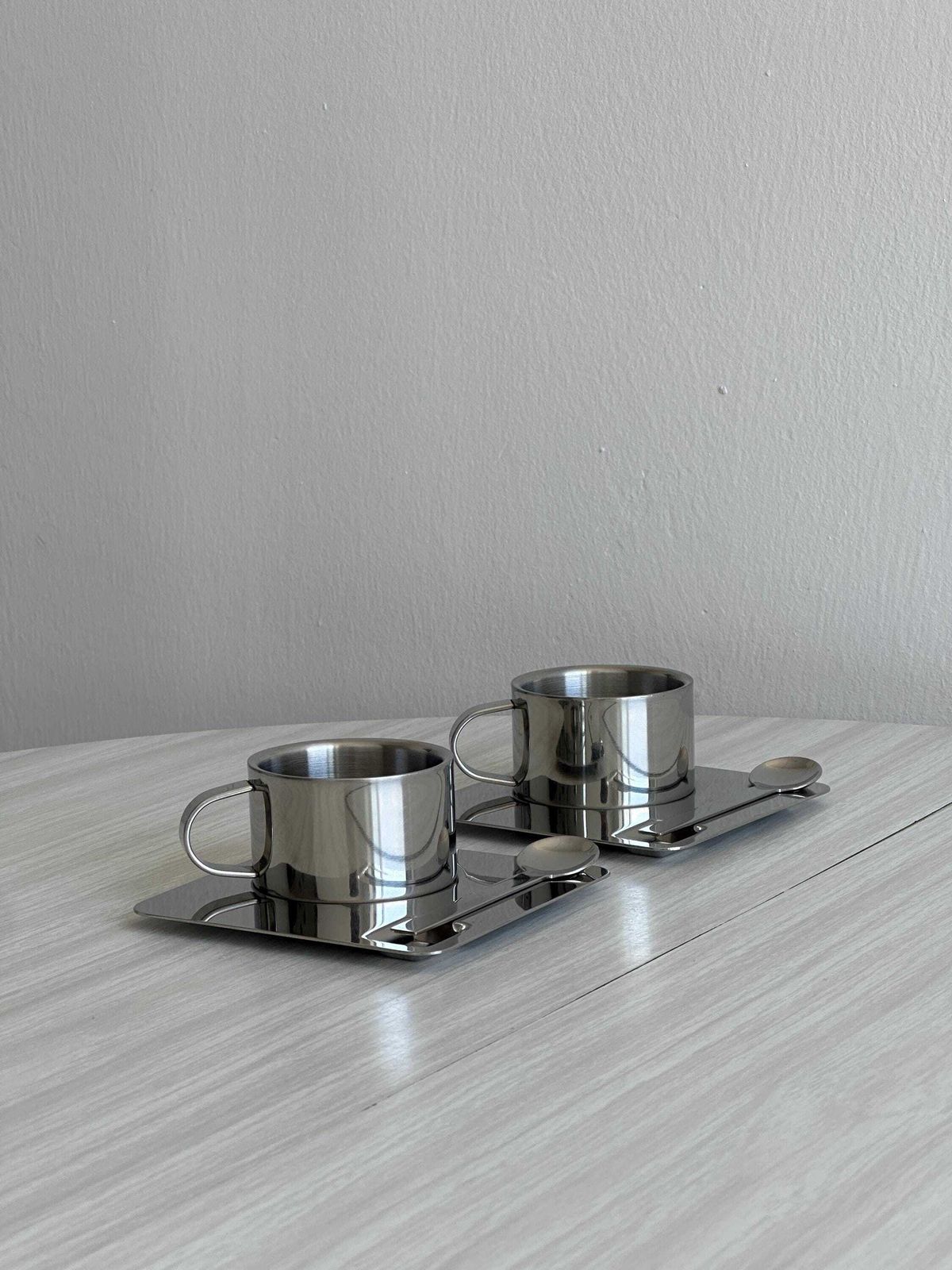 Designer Set Of 2 Stainless Steel Coffee Cups With Saucers, Contemporary Chic Style, Gift Idea, Metal Tableware, Breakfast photo furniture