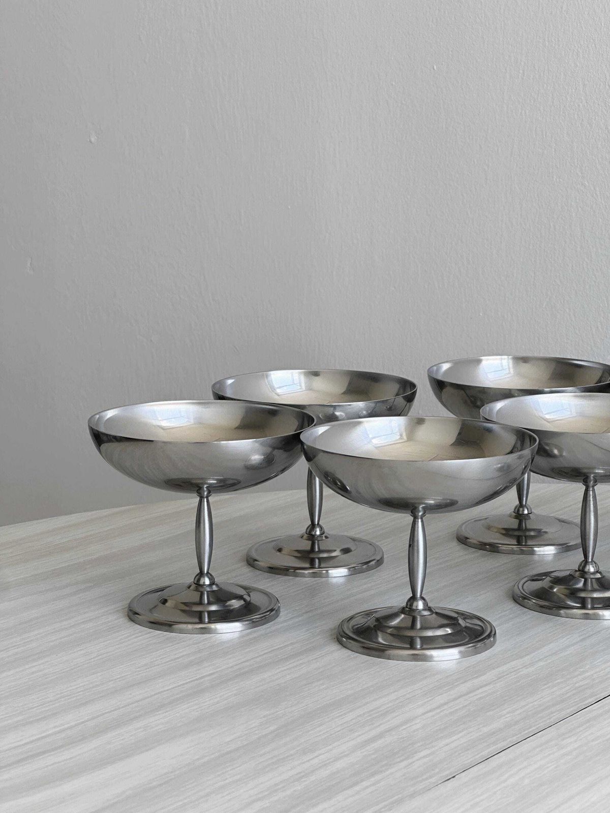 8 Vintage Stainless Steel Dessert Bowls On A Stand, Antique Dessert Bowls, Unique Stainless Steel Pieces, Elegant Buffet, Art Of Entertaining photo furniture