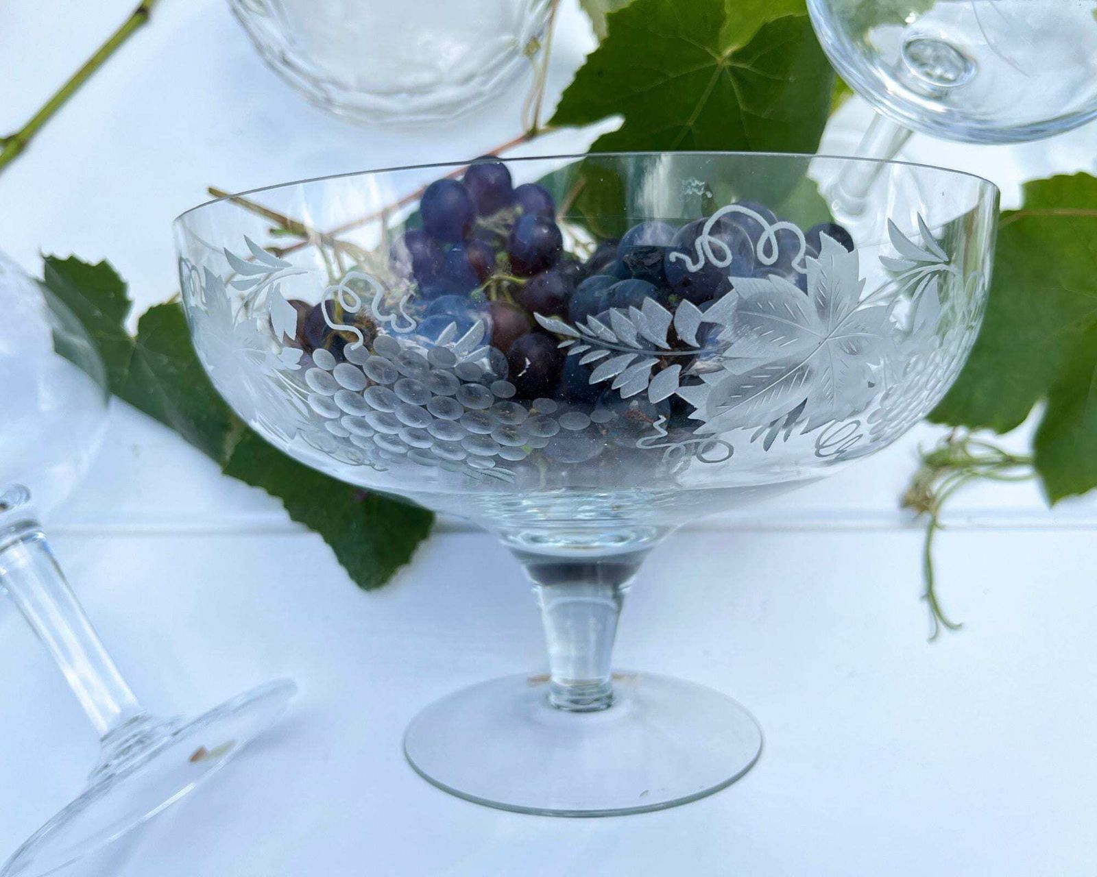 Vintage German Crystal Bowl | Hand Engraved Grapes & Leaves