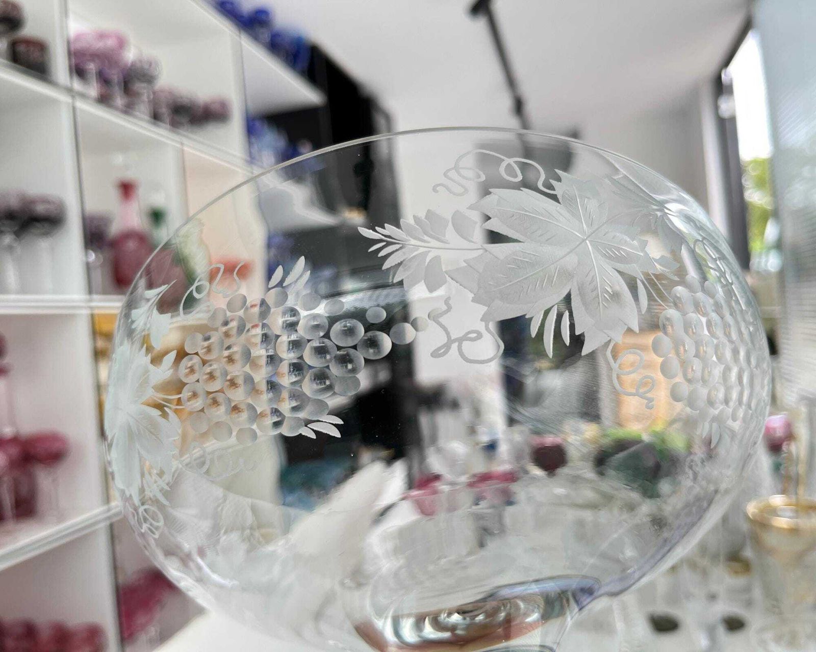 Vintage German Crystal Bowl | Hand Engraved Grapes & Leaves photo Home Decor