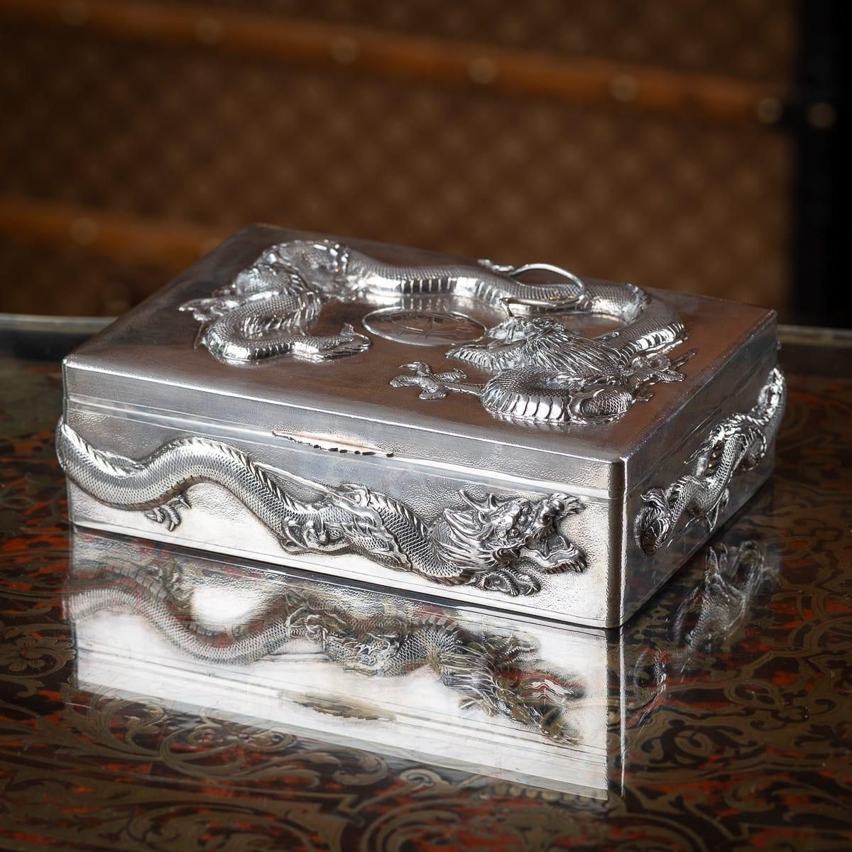 Antique 20thc Chinese Solid Silver Dragon Cigar Box, Shanghai, Zeewo C.1900 photo furniture