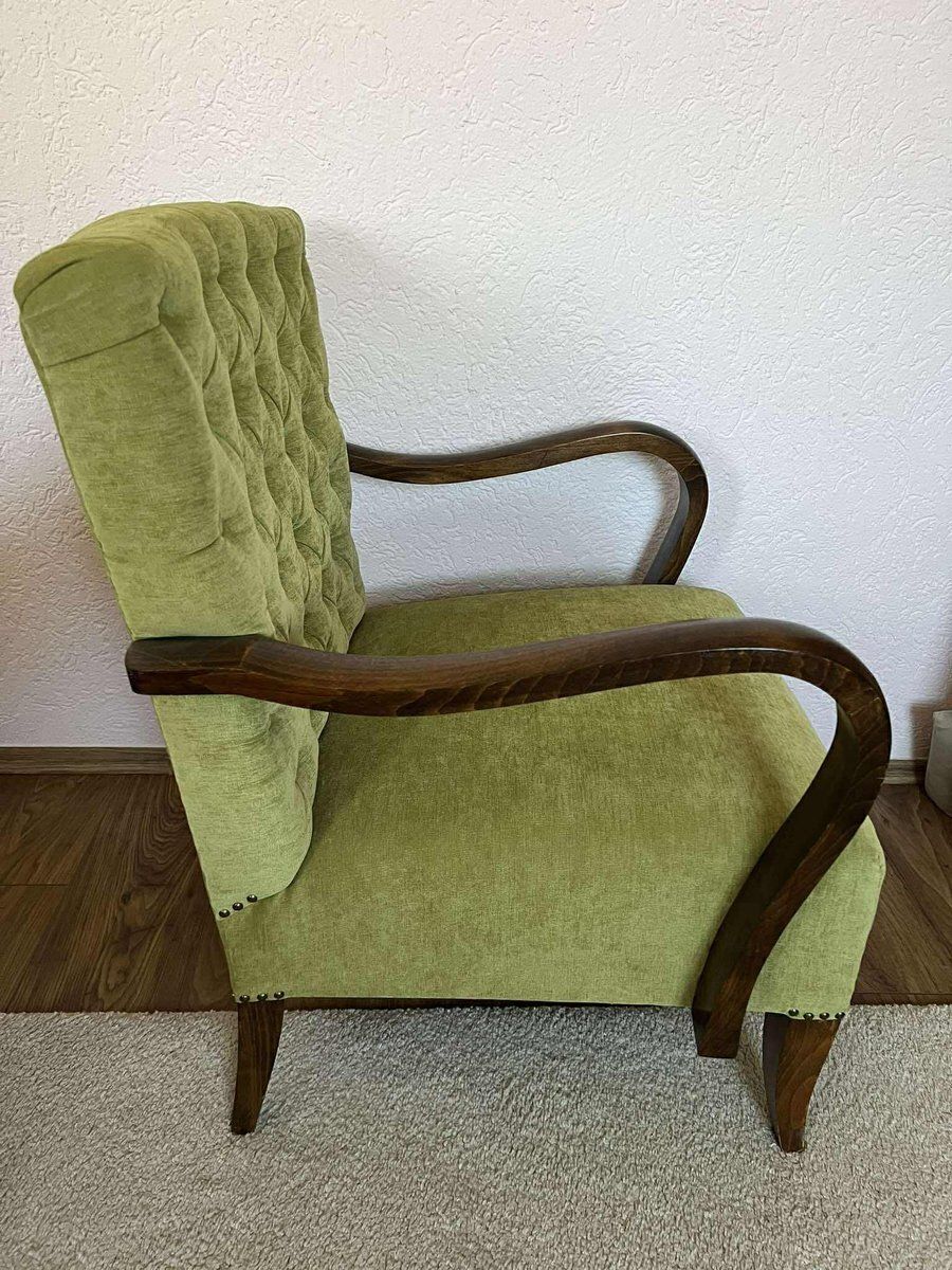 Art Deco Walnut And Green Velvet Armchair, Central Europe, 1930s photo for sale