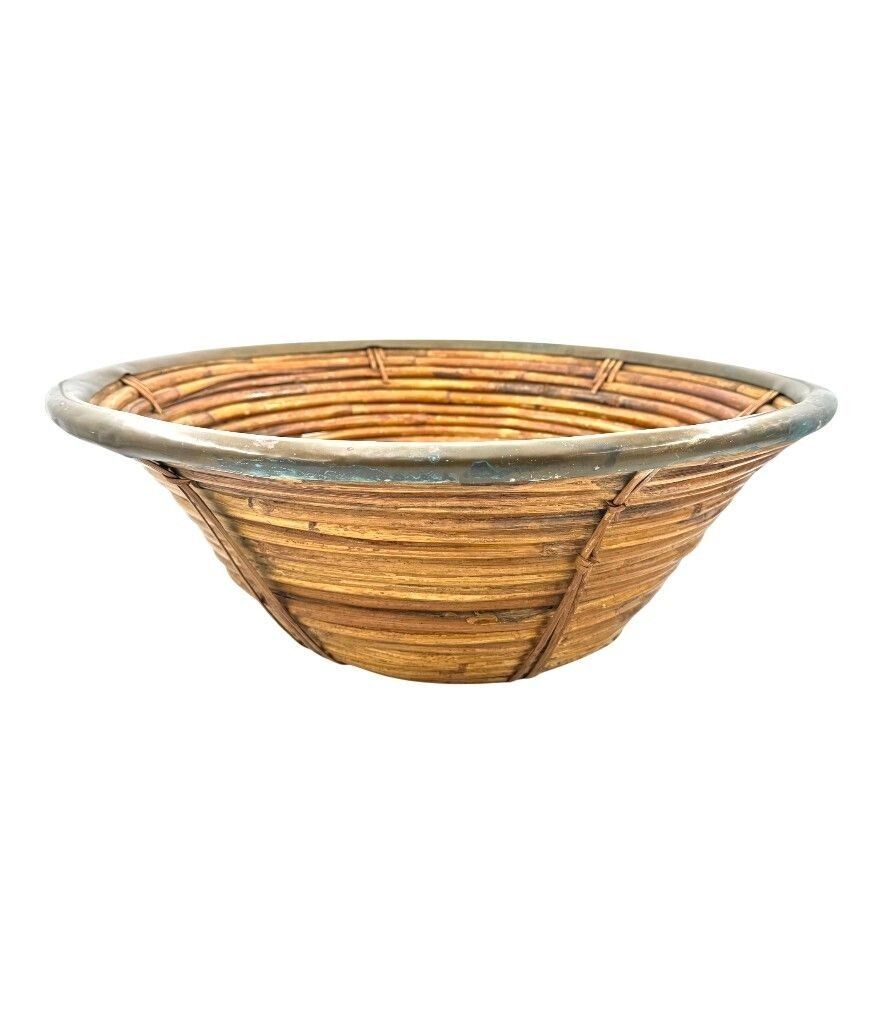 A Large Italian 1970s Woven Bamboo Bowl With Brass Rim photo for sale