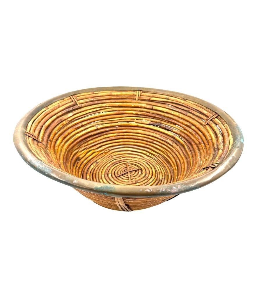 A Large Italian 1970s Woven Bamboo Bowl With Brass Rim photo 675.0