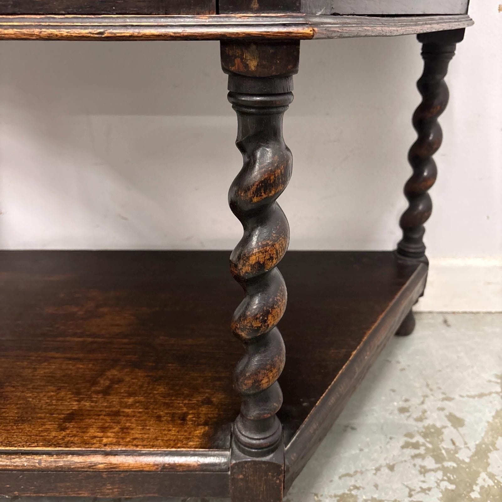 257.0 Vintage Oak Credence Table With Barley Twist Legs photo