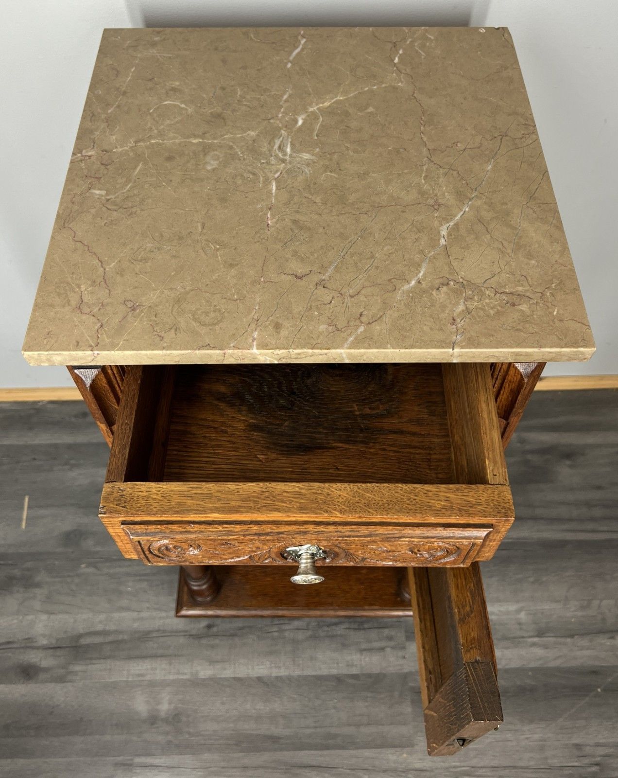 Furniture Bedside Table Antique French Oak With Marble Top Carved Cabinet Lot 4333 photo