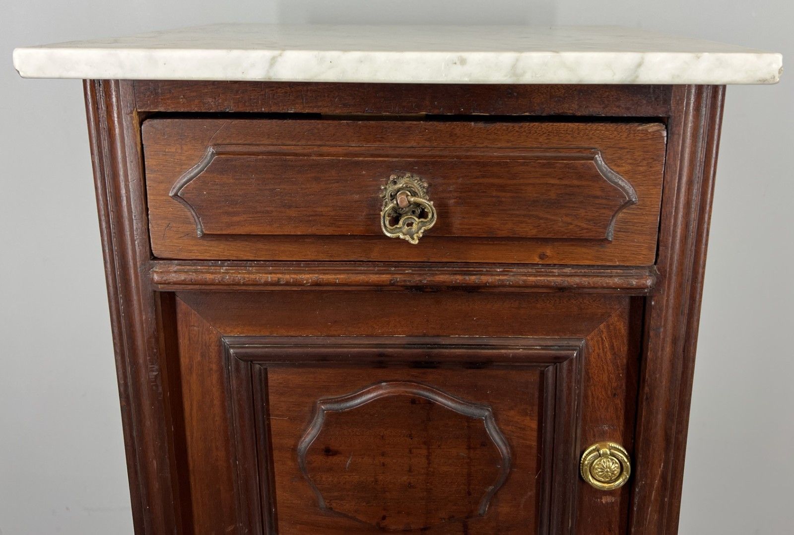 Bedside Table Antique French Marble Top Walnut Carved Cabinet Lot 4334 photo for sale
