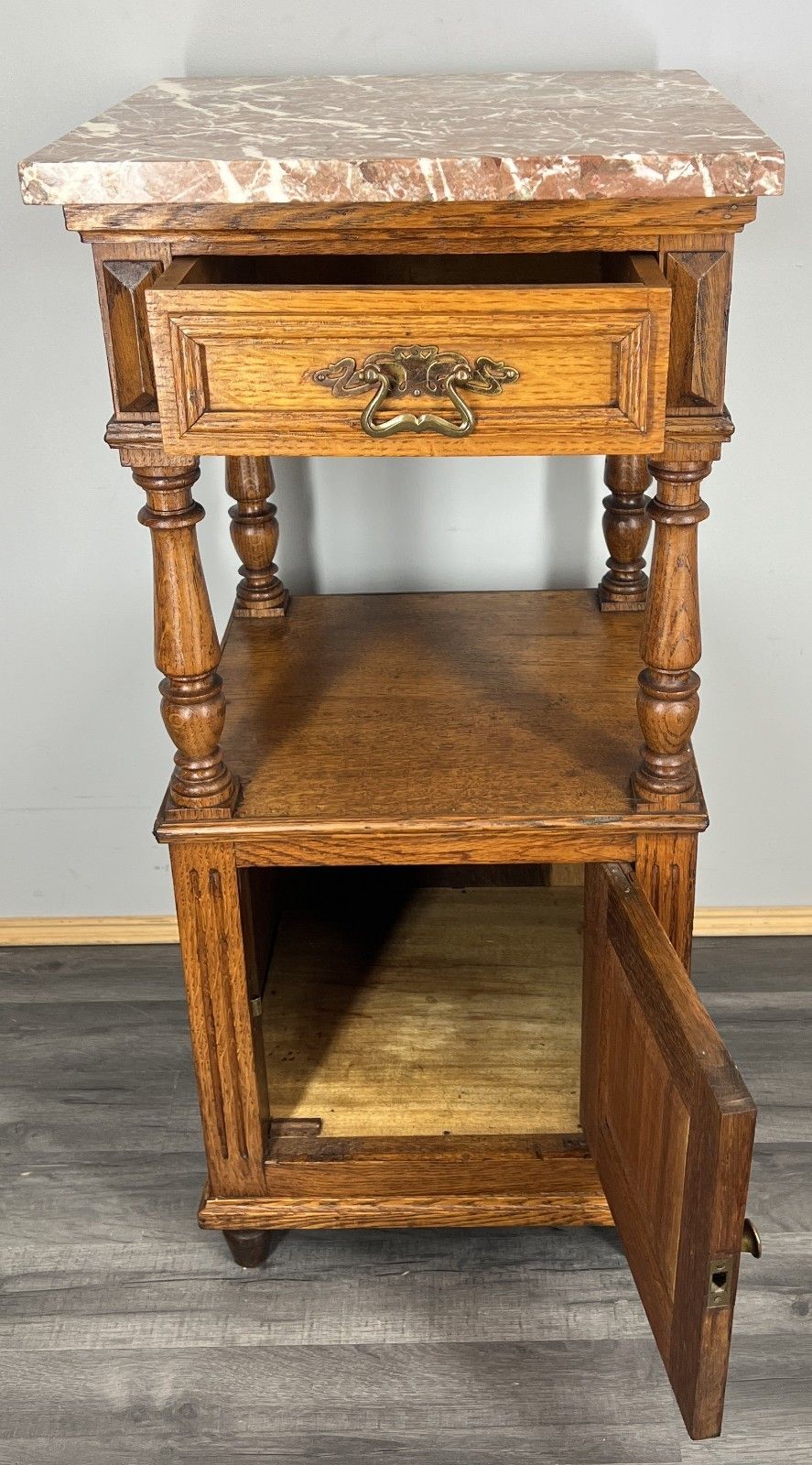 Bedside Table Antique French Oak With Marble Top Carved Cabinet Lot 4338 photo vintage
