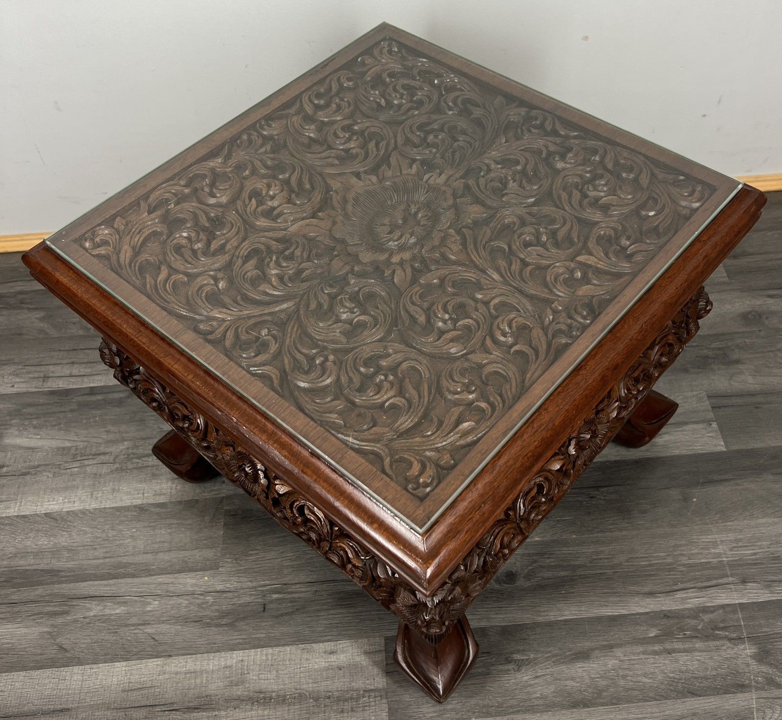 Plant Stand Coffee Table Chinese Mahogany Hand Carved Design Glass Top Lot 4327 photo for sale