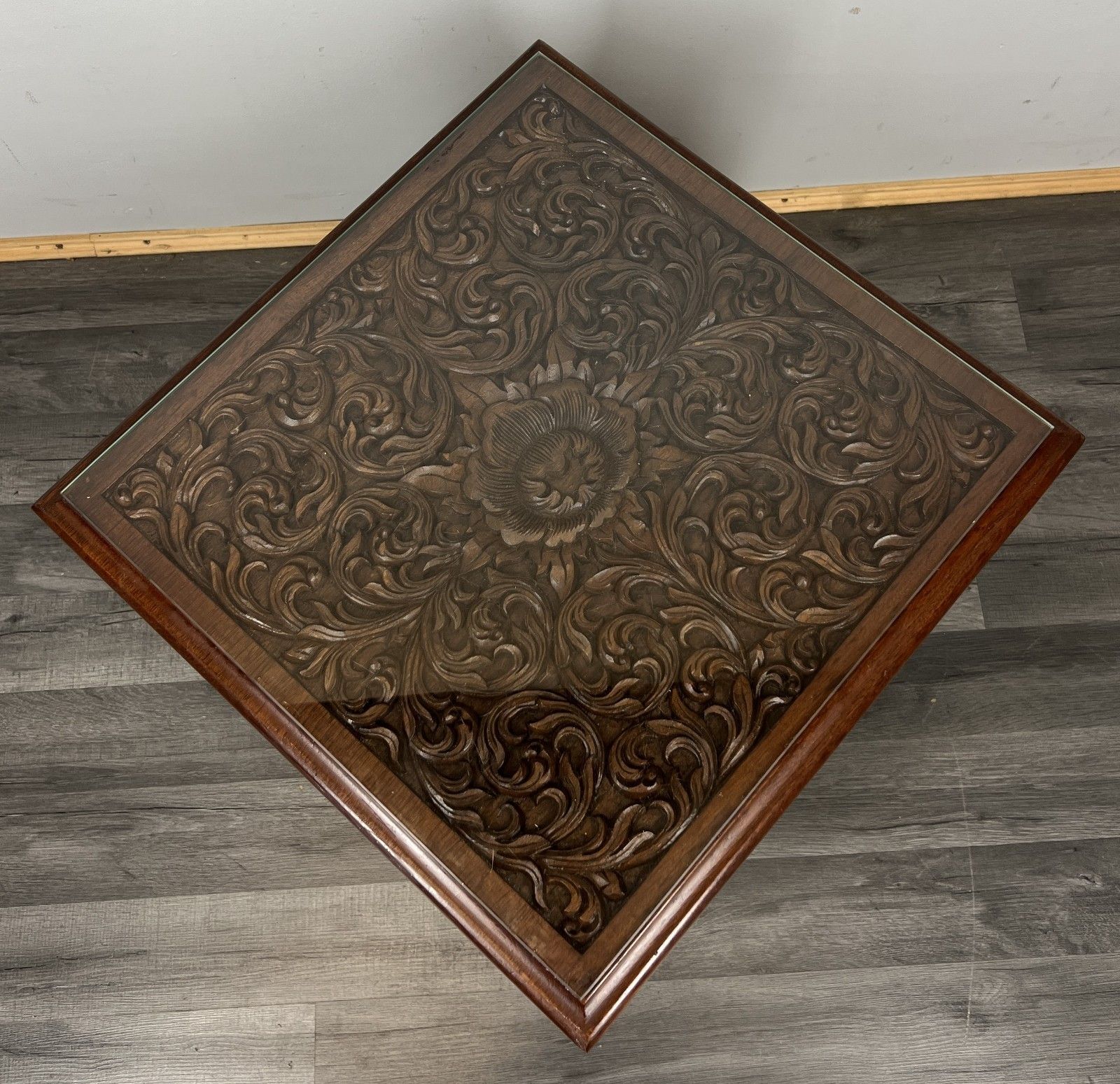 Plant Stand Coffee Table Chinese Mahogany Hand Carved Design Glass Top Lot 4327 photo vintage