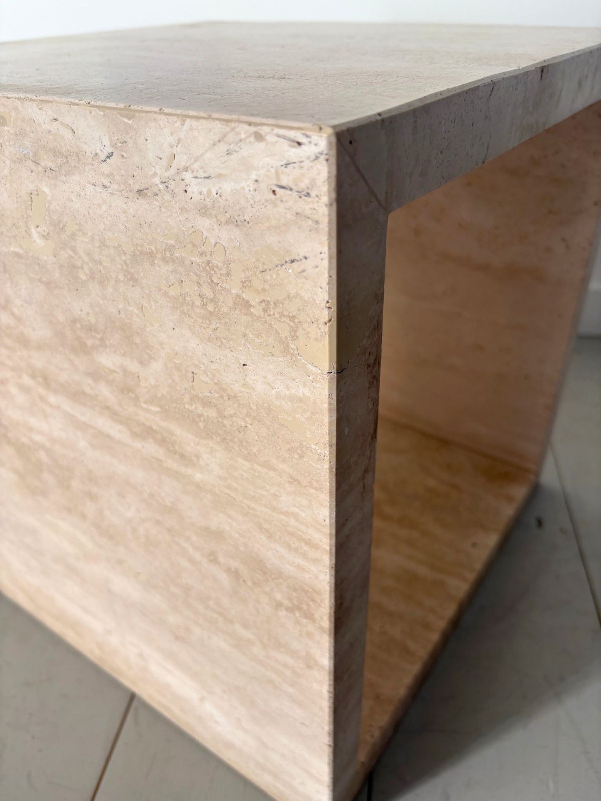 Furniture Travertine Marble Cube Tables Vintage 20th Century Italian Side Table Stools, Set Of Two photo