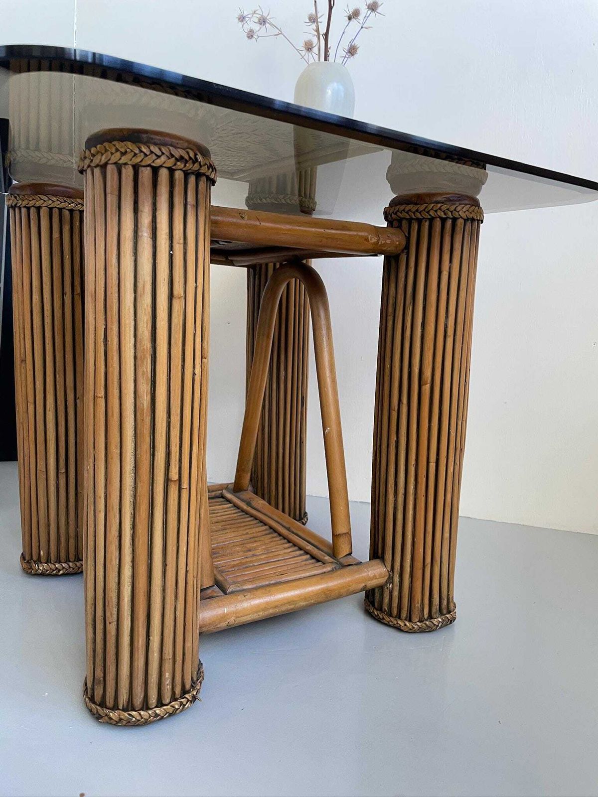 Bamboo Postmodern Column Side Table And Smoked Glass Top Pomo photo 173.0