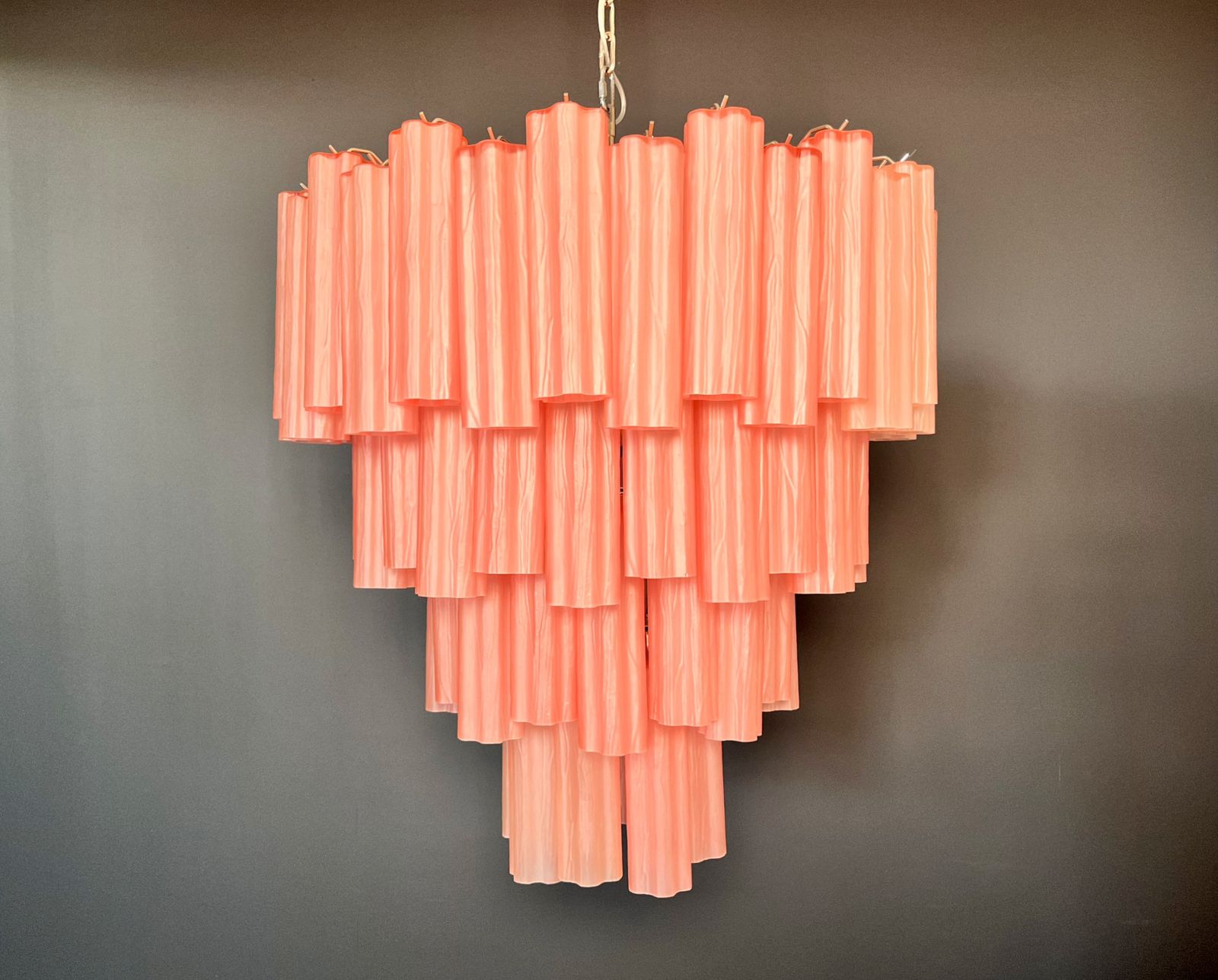 Huge Vintage Murano Glass Tiered Chandelier   80 Pink Etched Glass Tubes photo for sale