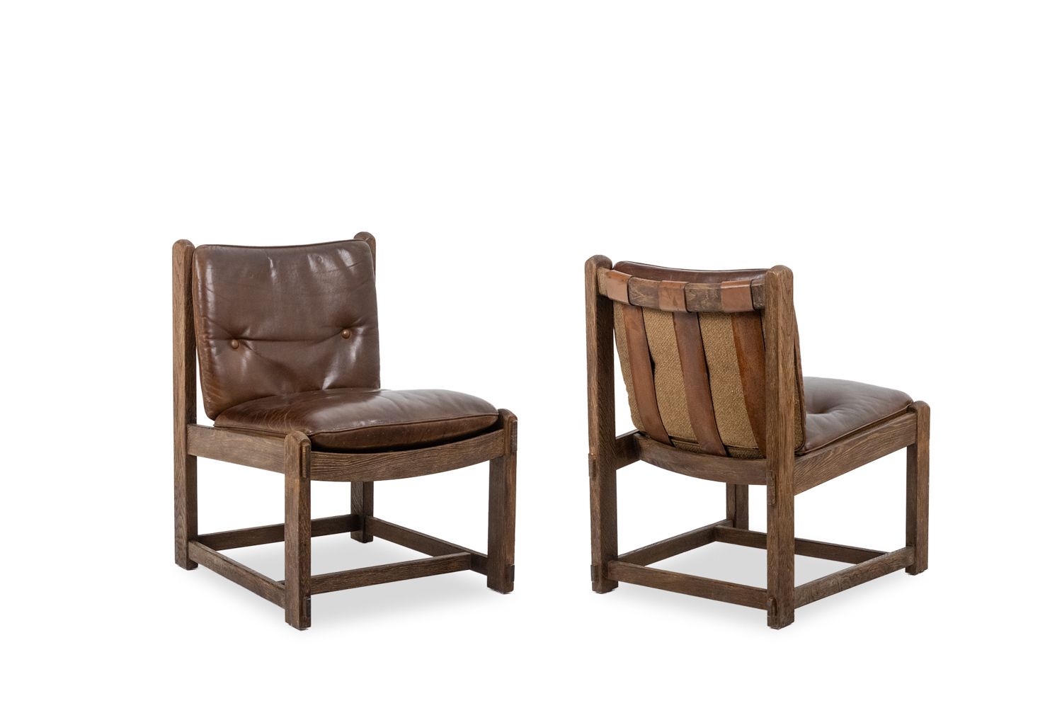 Pair Of Oak Fireside Chairs, Upholstered In Leather, 1960s