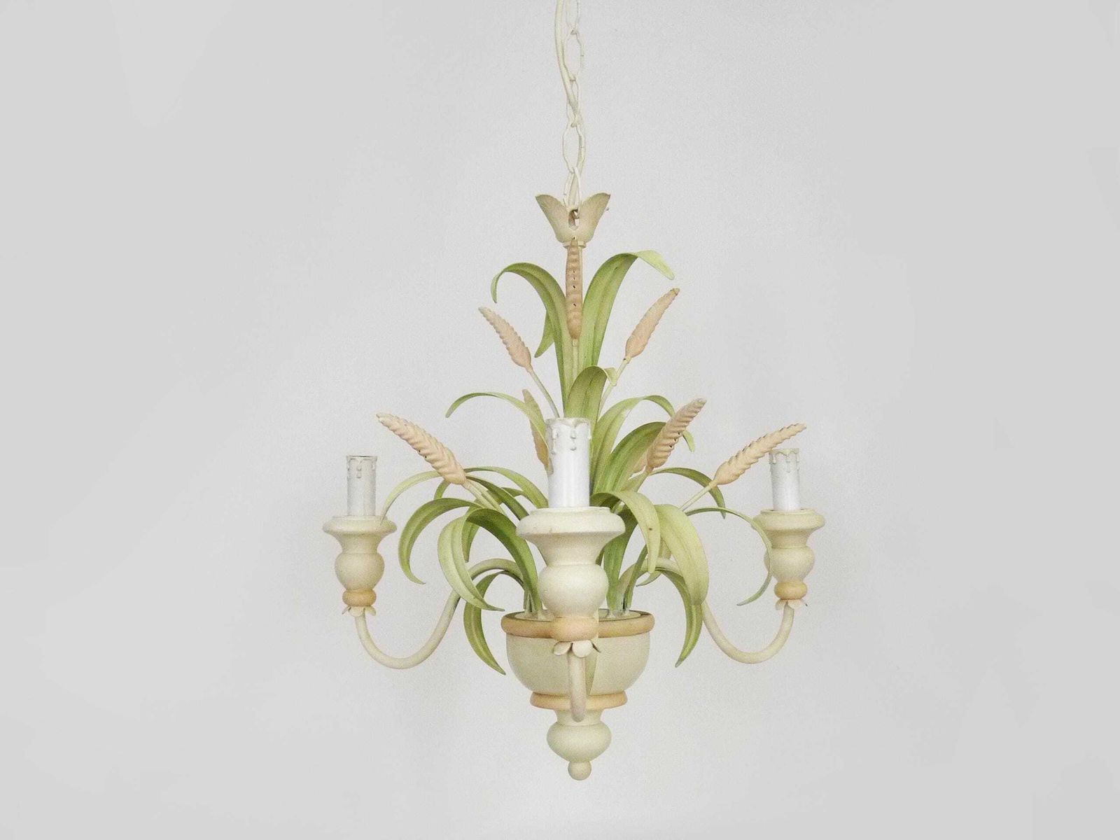 Vintage Masca Wheat Ear Chandelier In Off White And Pastel Green Metal, Antique Lighting, 3 Light Chandelier photo 341.0