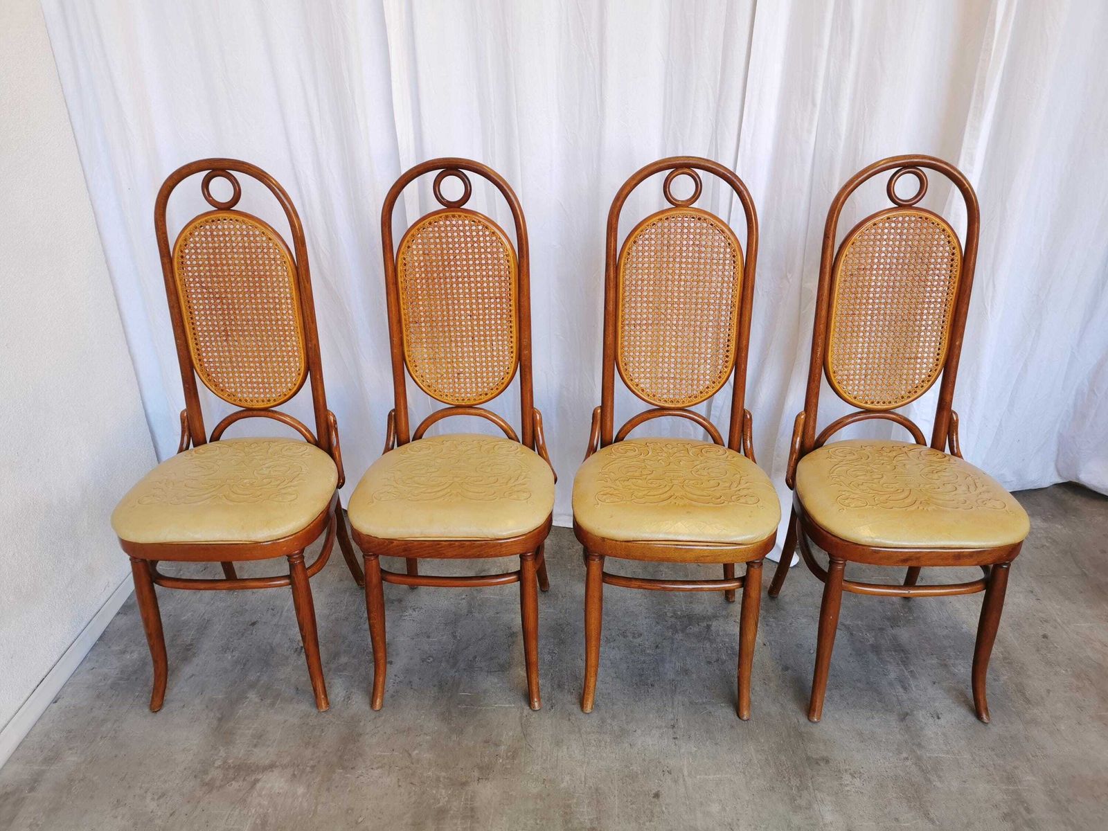 Set Of 4 Vintage Bentwood Dining Chairs: Cane Back, Leather Seat, Thonet Style photo furniture