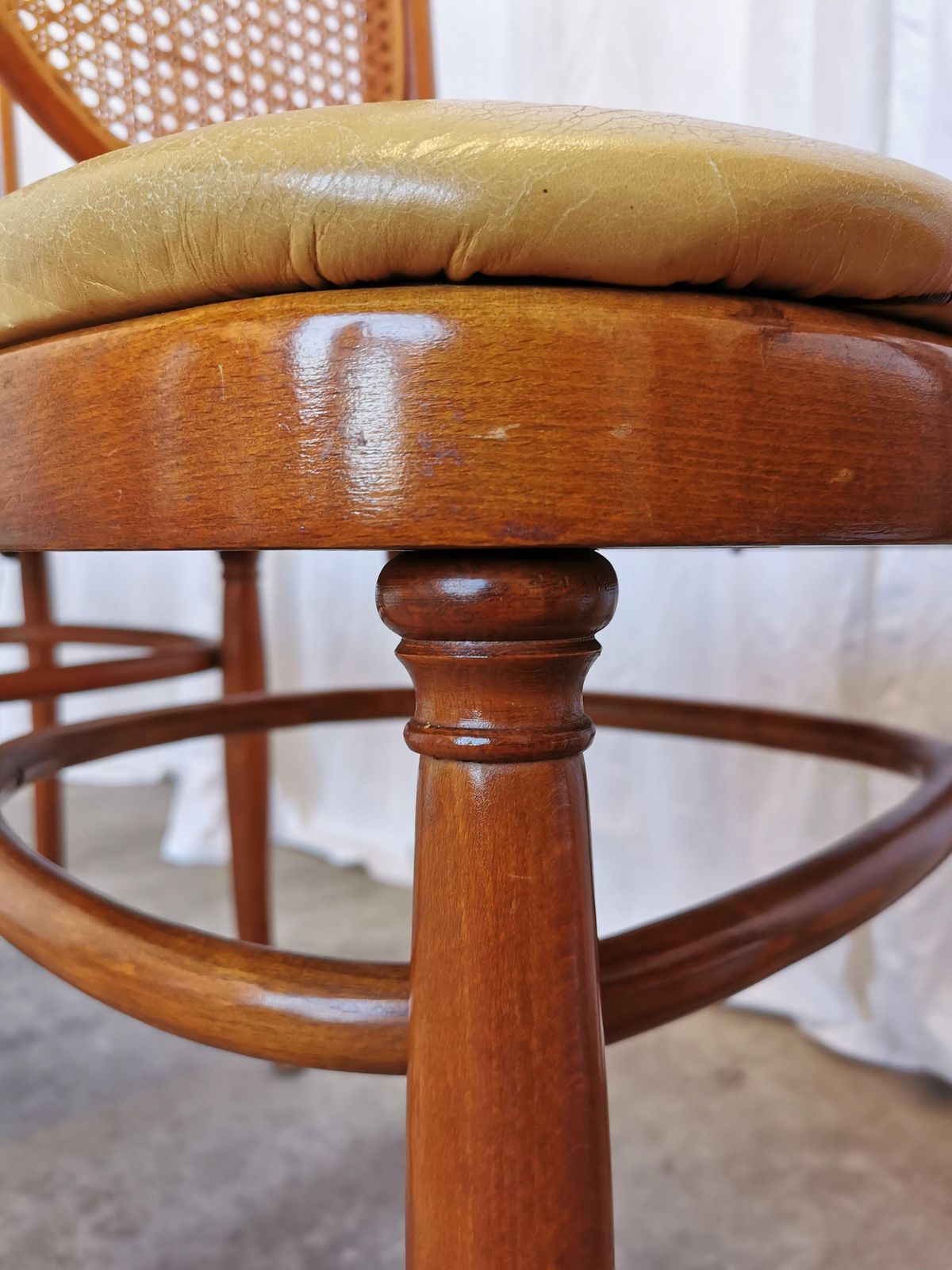 Furniture Set Of 4 Vintage Bentwood Dining Chairs: Cane Back, Leather Seat, Thonet Style photo