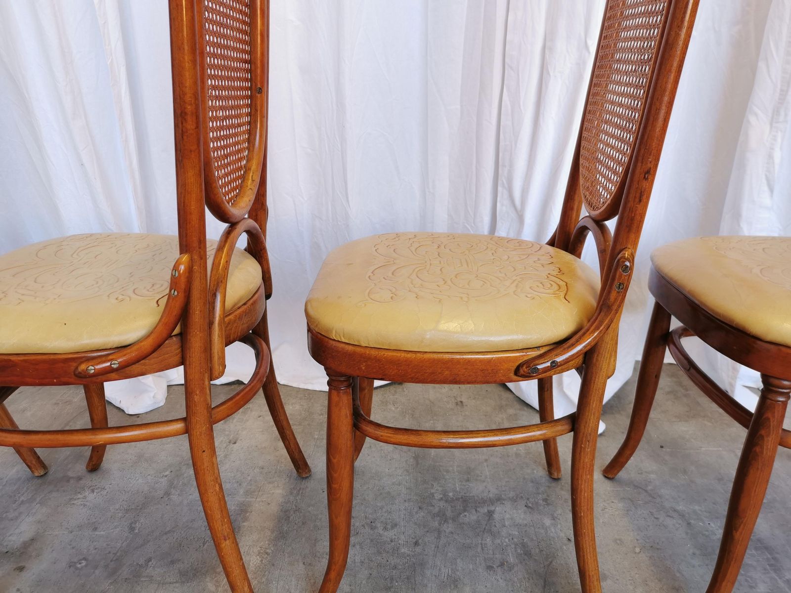1209.0 Set Of 4 Vintage Bentwood Dining Chairs: Cane Back, Leather Seat, Thonet Style photo