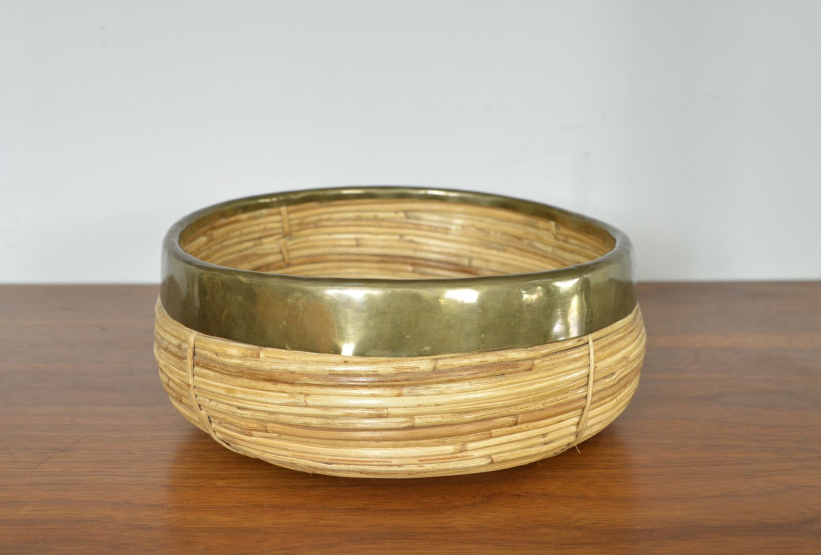 Rattan Cane Brass Bowl Centrepiece By Vivai Del Sud Gabriella Crespi Style Italy 1970s