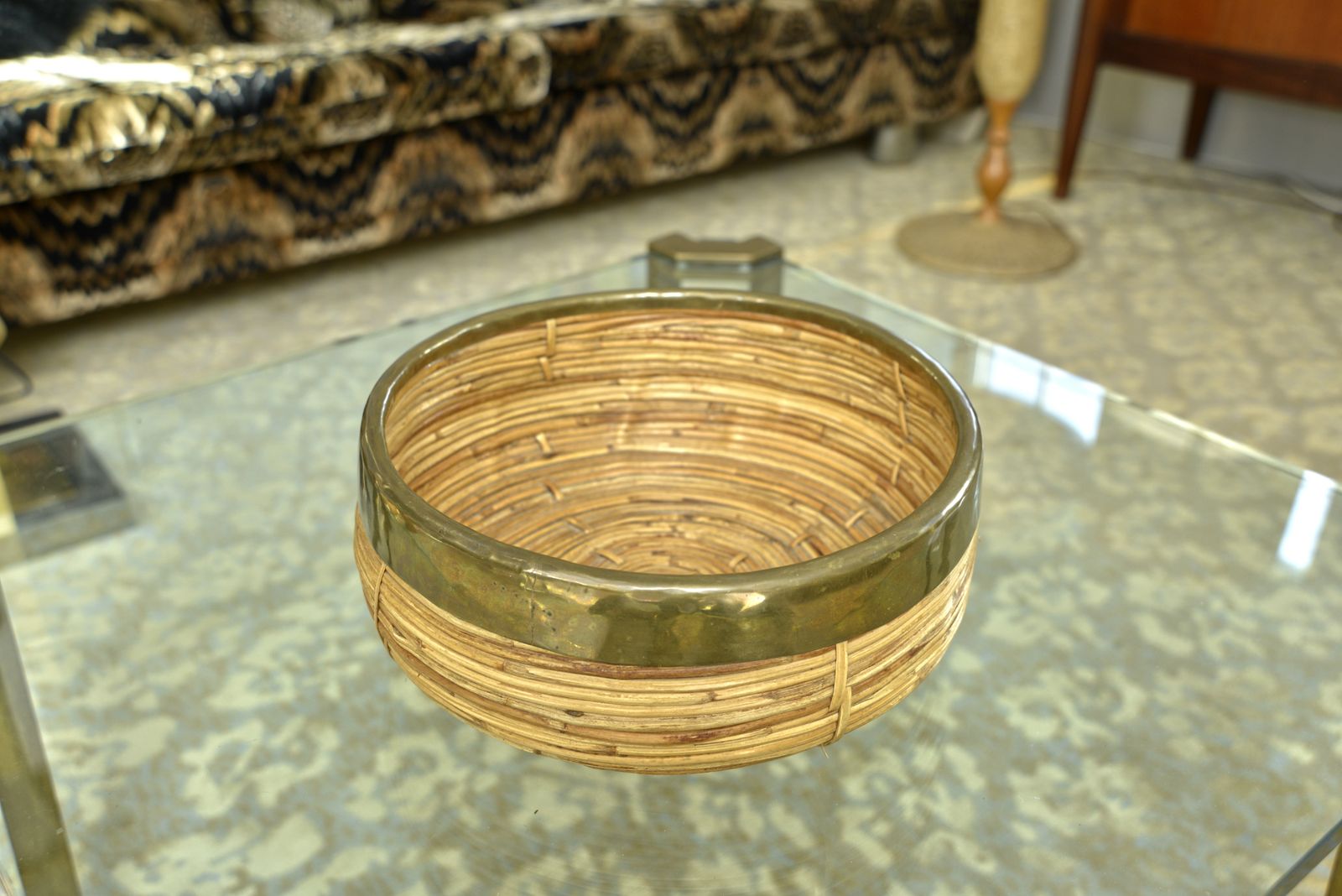Home Decor Rattan Cane Brass Bowl Centrepiece By Vivai Del Sud Gabriella Crespi Style Italy 1970s photo