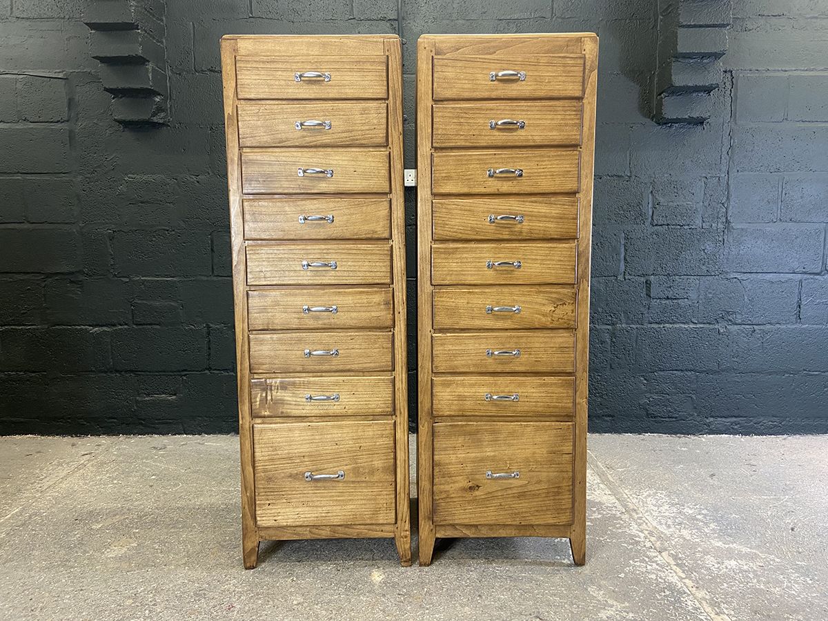 Pair Of French Industrial Tall Bank Of Drawers, Mid Century. photo for sale