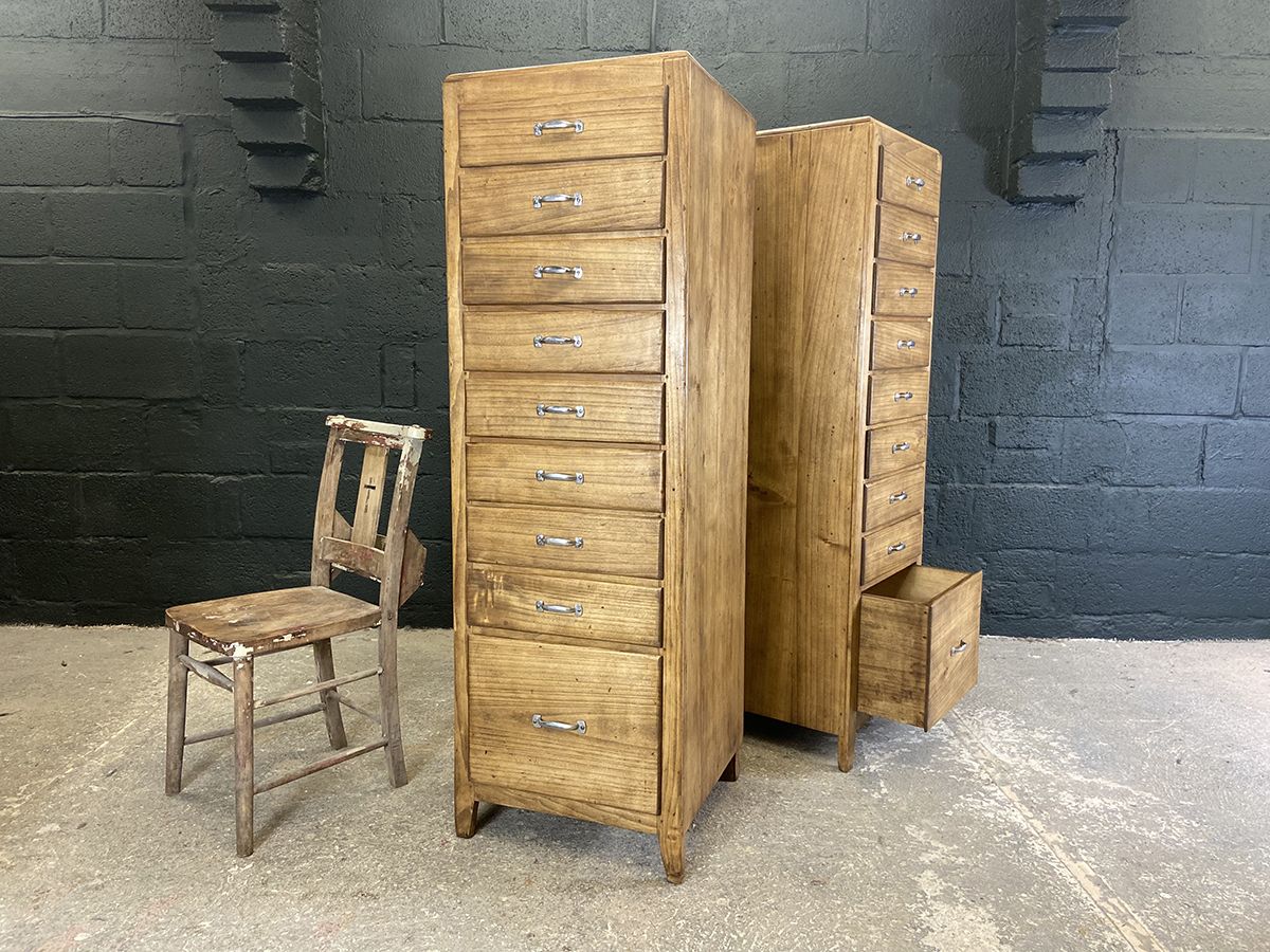 Pair Of French Industrial Tall Bank Of Drawers, Mid Century.