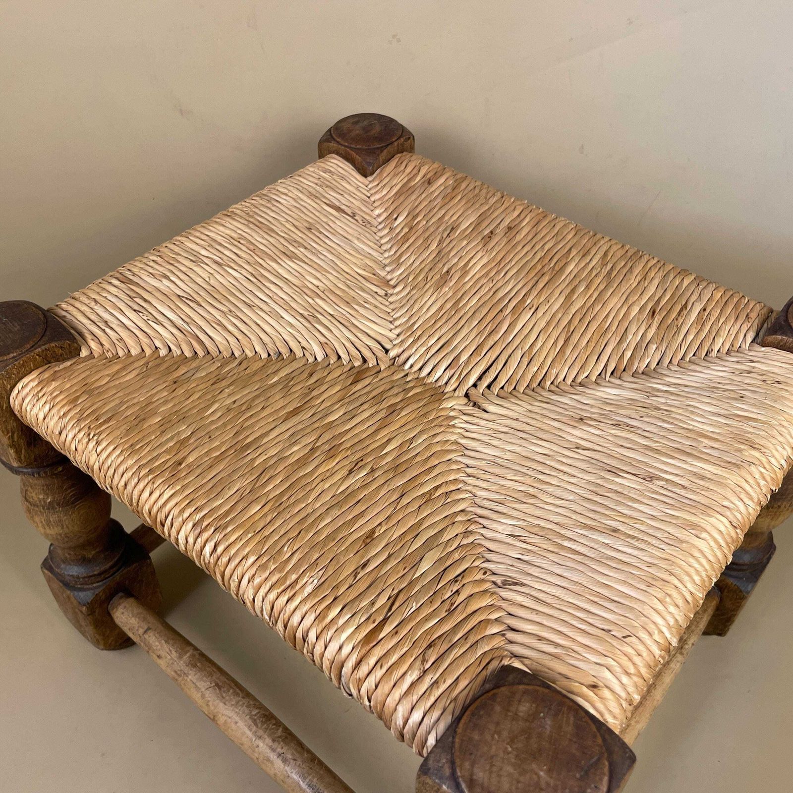 Wooden Foot Stool Woven Straw Wood Cottage Furniture Rectangle Brown Hallway Seat 27.3x37x33cm Footstool Bench Antique Seat Solid photo 121.0