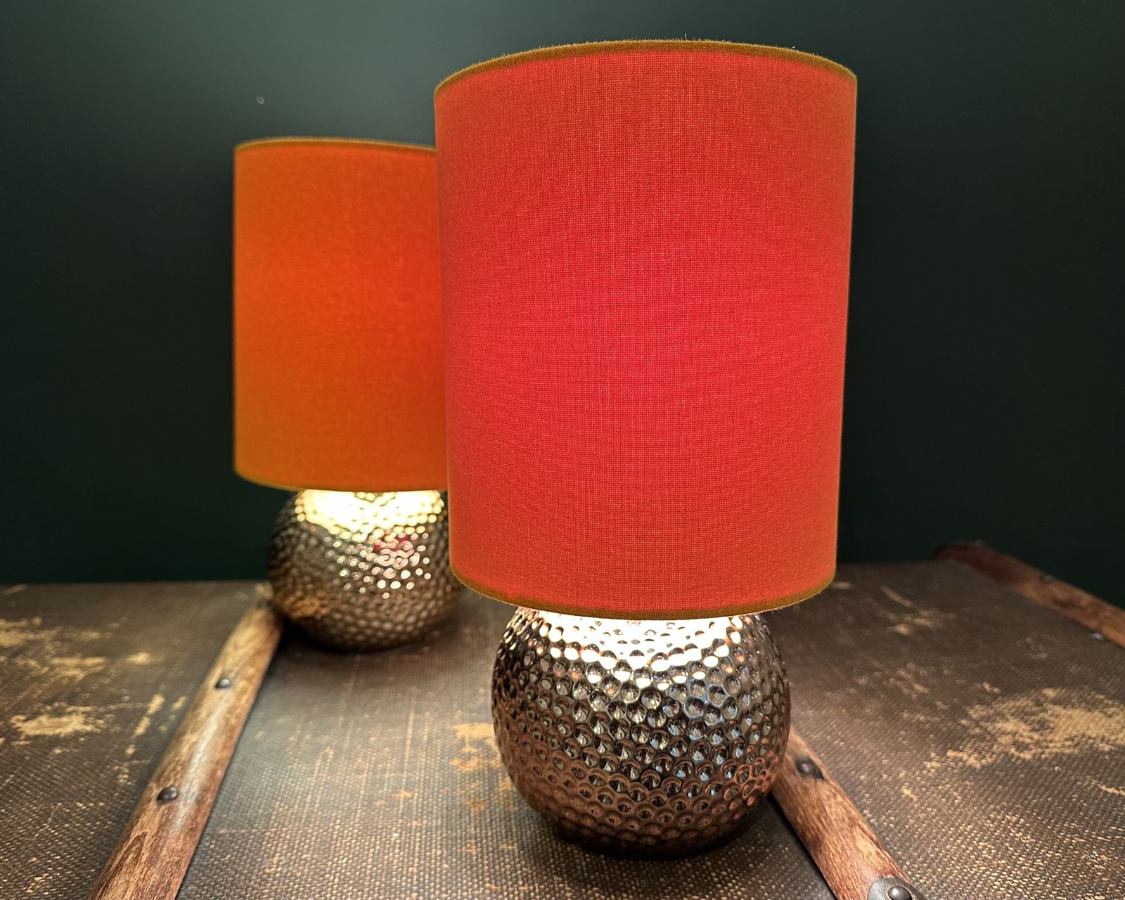 Pair Of Alisa Gold Dimpled Lamps Vibrant Orange Drum Shades photo 60.0