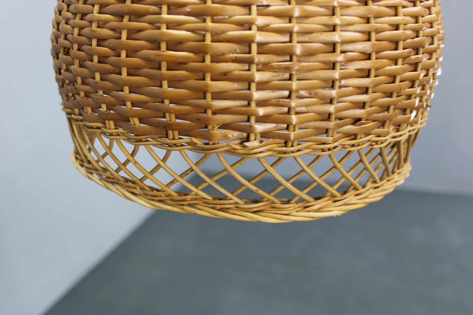 photo for sale 1970s Czechoslovakian Rattan & Pine Pendant Light, Three Shade Chandelier