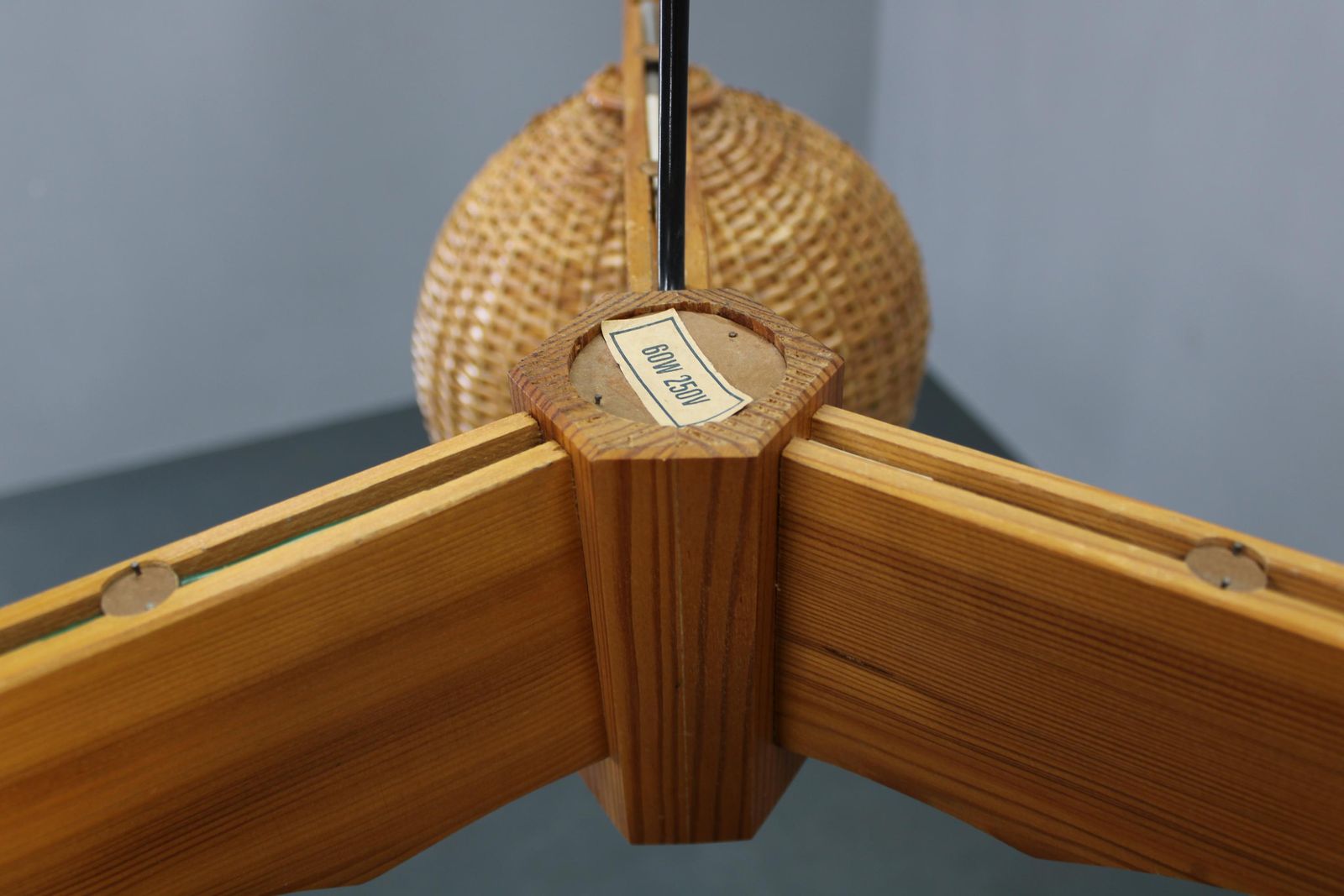 Lighting 1970s Czechoslovakian Rattan & Pine Pendant Light, Three Shade Chandelier photo