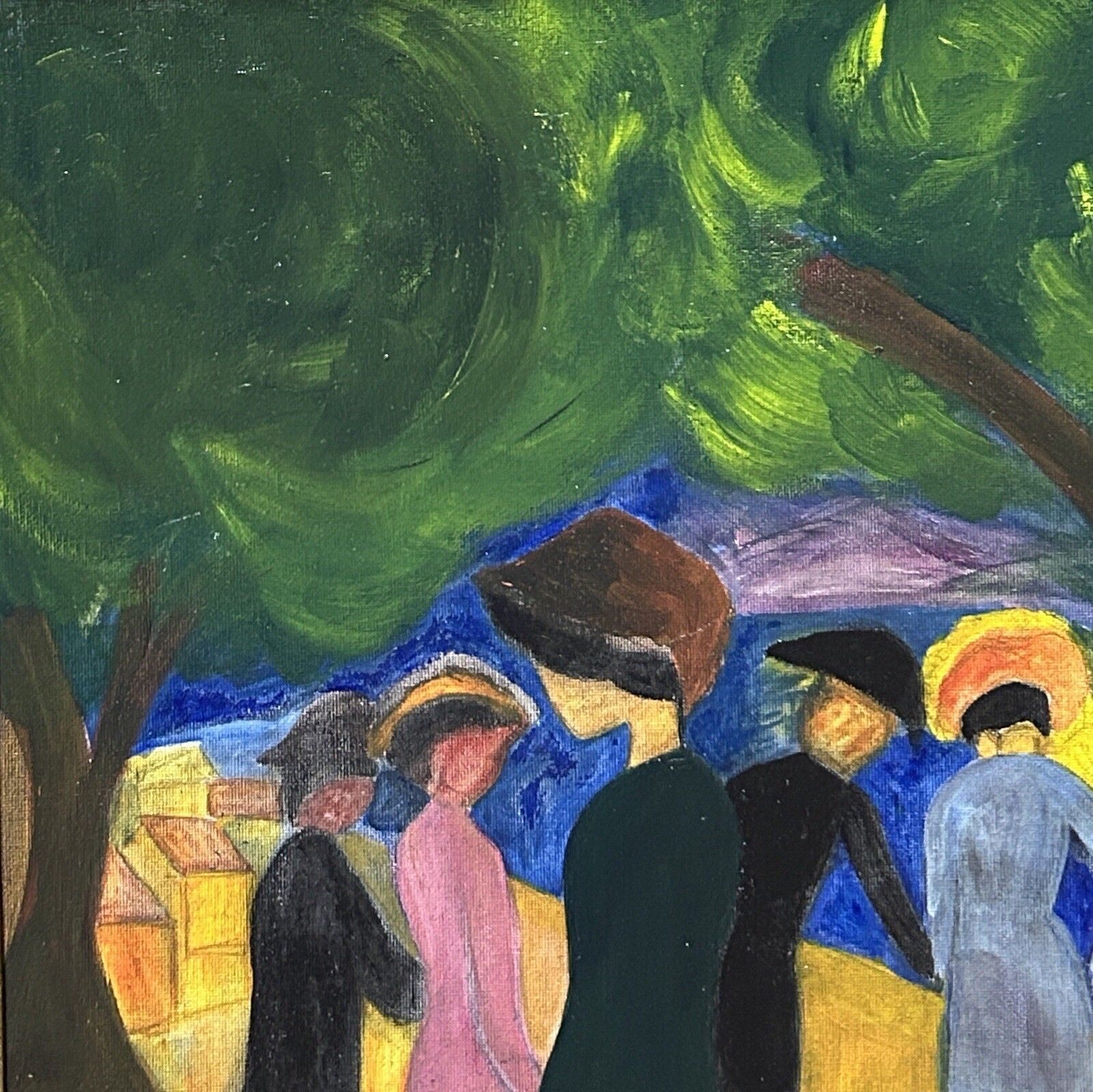 photo furniture Expressionist Oil On Cardboard – Landscape With Figures, Framed